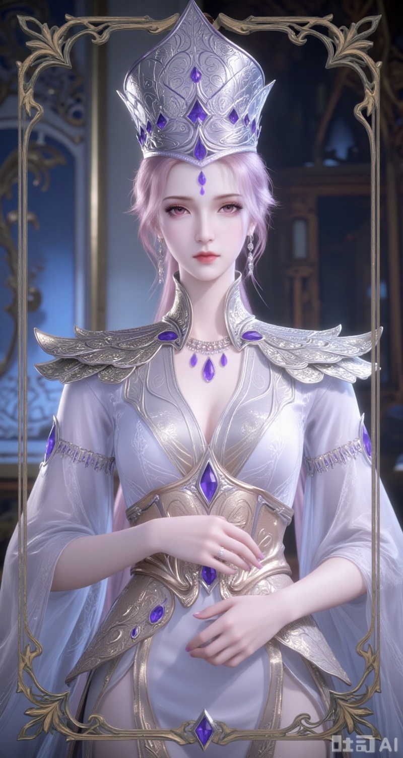 baoshi,lvjing,bibidong,girl,solo,breasts,looking at viewer,short hair,dress,cleavage,jewelry,upper body,indoors,necklace,armor,crown, gem, 1girl,blonde hair,blue eyes,forehead_jewel,long hair,white dress:blue dress,1girl,solo,earrings,jewelry,looking at viewer,breasts,tarot,collarbone,upper body,dress,closed mouth,card \(medium\),tarot \(medium\),frills,border,15,cover,simple background,gradient background,close-up details,outstanding style,(baoshi),adding a touch of dimension to your images without compromising details,close-up,