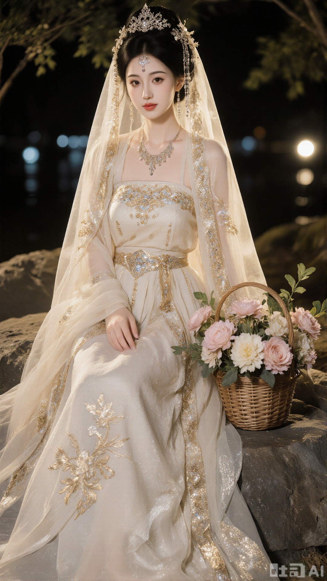 The image is a portrait of a young woman wearing a traditional Chinese wedding dress. She is sitting on a rock with a basket of flowers in front of her. The woman is wearing a long, flowing white dress with intricate gold embroidery and a veil covering her face. Her hair is styled in an elegant updo with a tiara on top. The background is blurred, but it appears to be an outdoor setting with trees and lights. The overall mood of the image is romantic and dreamy.
