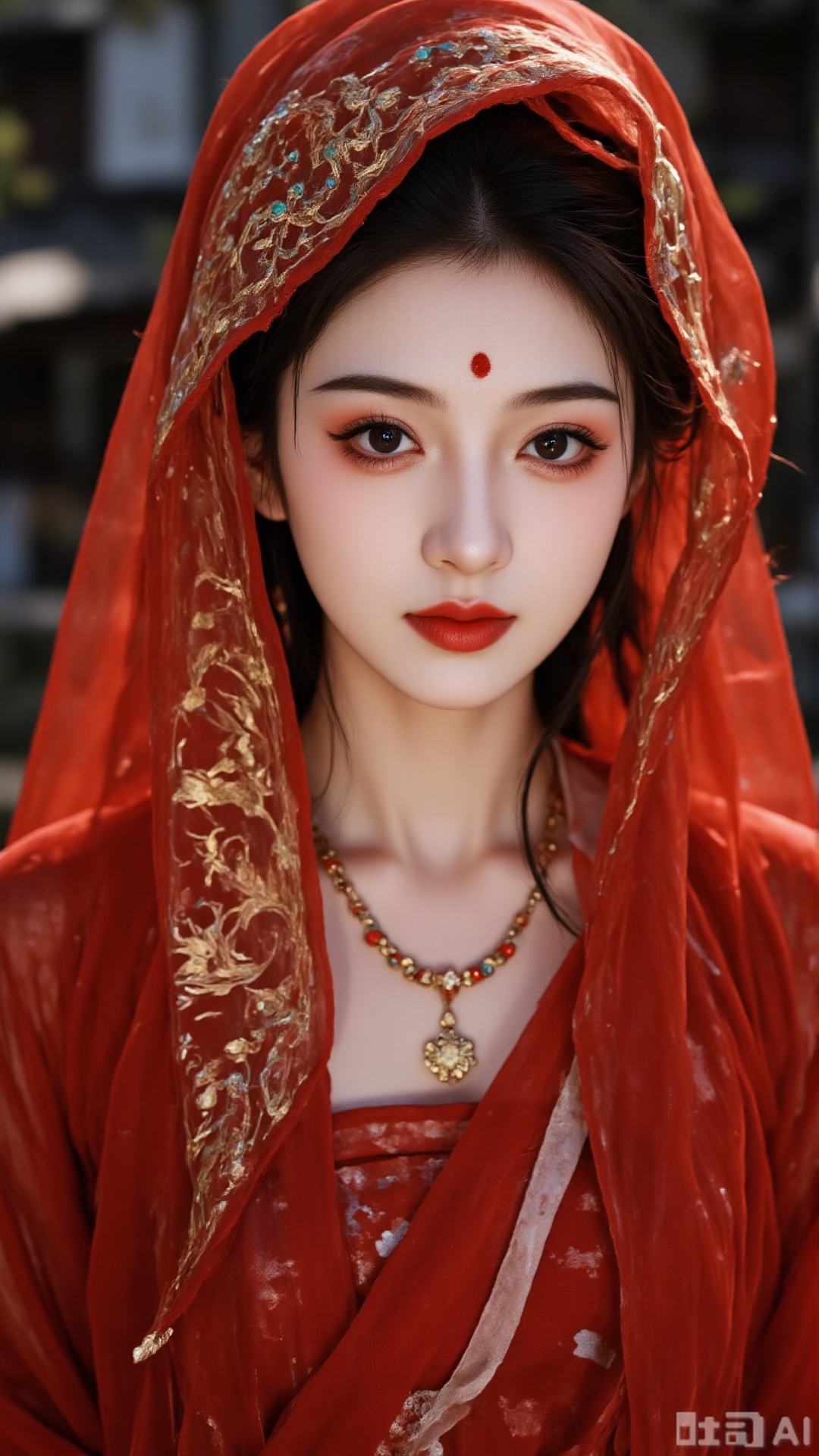 The image is a portrait of a young woman wearing a traditional Indian outfit. She is wearing a red and gold headpiece with intricate designs and patterns. The headpiece is made of a red fabric with gold accents and has a large hood that covers her head. The woman is also wearing a gold necklace and earrings. She has long dark hair and is looking directly at the camera with a serious expression. The background is blurred, but it appears to be an outdoor setting with buildings and trees visible. The overall mood of the image is elegant and regal.