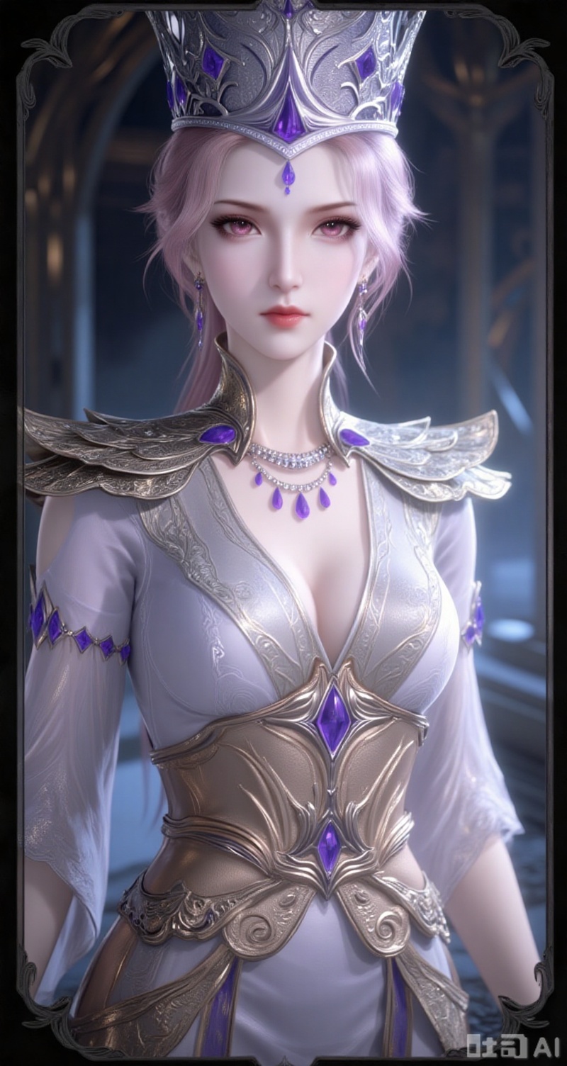 baoshi,lvjing,bibidong,girl,solo,breasts,looking at viewer,short hair,dress,cleavage,jewelry,upper body,indoors,necklace,armor,crown, gem, 1girl,blonde hair,blue eyes,forehead_jewel,long hair,white dress:blue dress,1girl,solo,earrings,jewelry,looking at viewer,breasts,tarot,collarbone,upper body,dress,closed mouth,card \(medium\),tarot \(medium\),frills,border,15,cover,simple background,gradient background,close-up details,outstanding style,(baoshi),adding a touch of dimension to your images without compromising details,close-up,