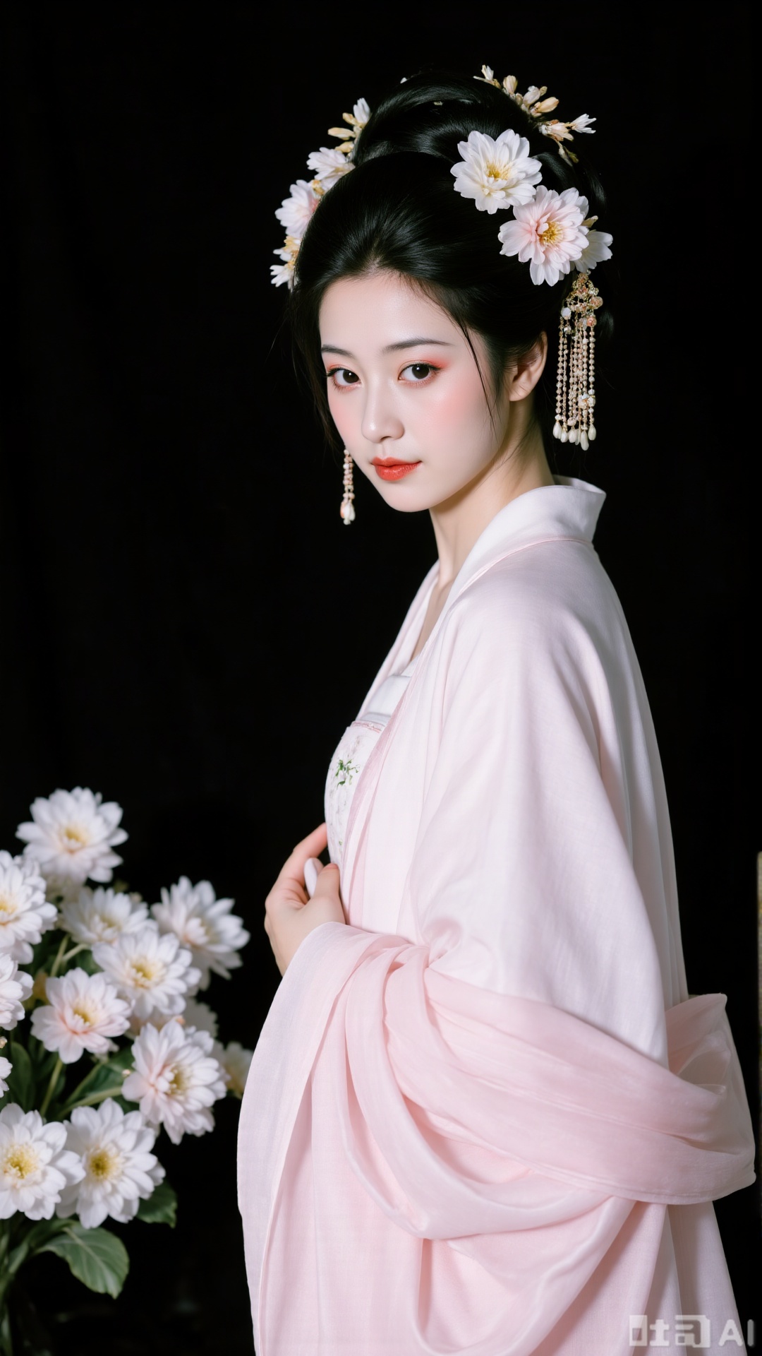 Captured at eye-level
a portrait of a geisha
dressed in a light pink kimono
adorned with a white floral embroidery on her head. She is wearing a black crown adorned with white flowers
her hair is pulled back in a ponytail
adding a pop of color to her face. The backdrop is dark
creating a stark contrast to her outfit. To the left of her
a bouquet of white flowers adds a touch of contrast to the scene.
