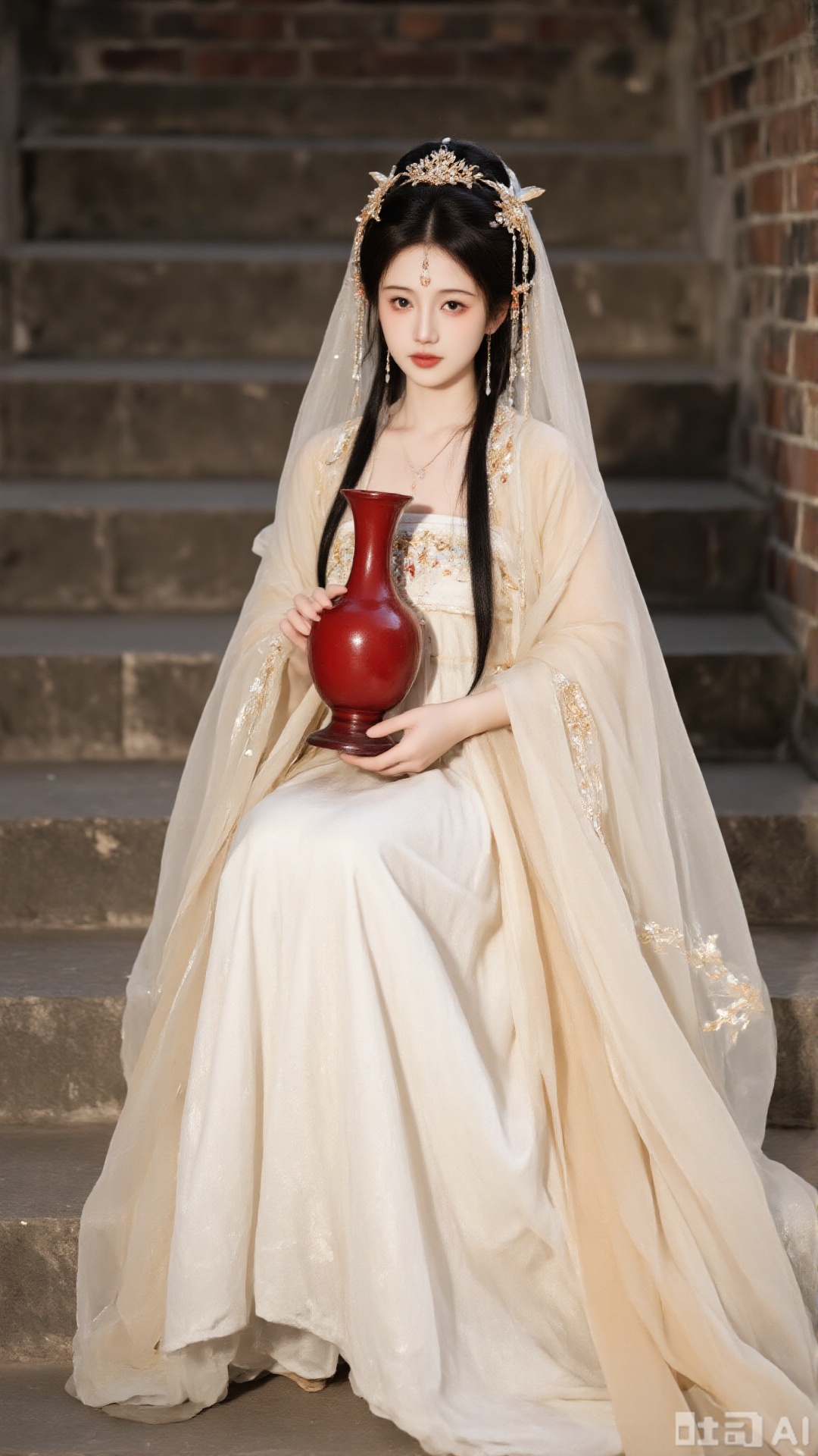 The image shows a young woman dressed in a traditional Chinese wedding dress. She is sitting on a stone staircase with a brick wall behind her. The woman is wearing a long, flowing white gown with intricate gold embroidery on the bodice and skirt. She has long dark hair styled in loose waves and is holding a red vase in her hands. The vase appears to be made of glass and has a handle on top. The overall mood of the image is elegant and regal.