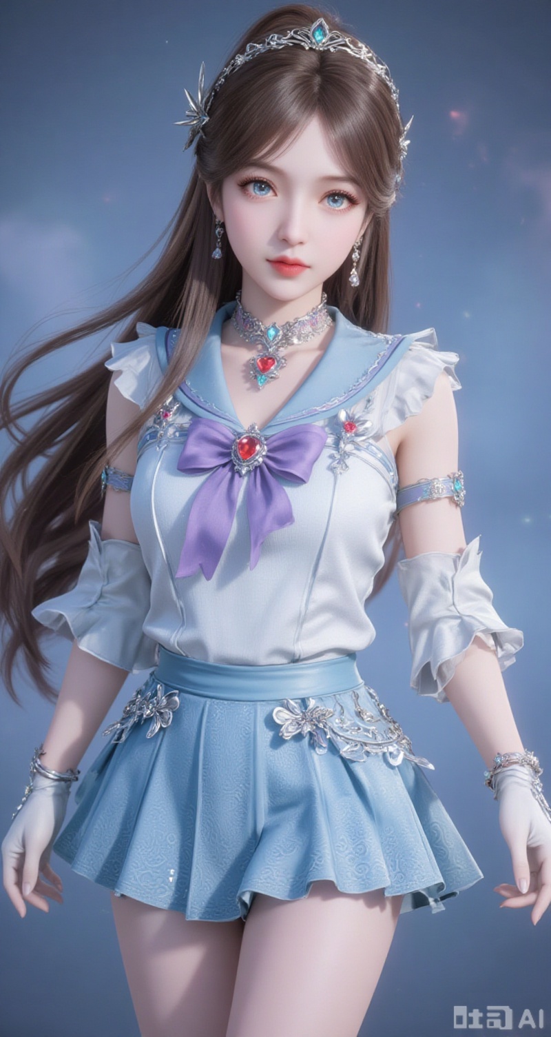 baoshi,lvjing,brown hair,long hair,blue eyes,fair_skin,jewelry,hair_ornament,earrings,1girl,sailor senshi uniform,solo,jewelry,skirt,gloves,earrings,blue skirt,white gloves,sailor collar,bow,breasts,choker,elbow gloves,magical girl,back bow,covered navel,heart,pleated skirt,looking at viewer,brooch,purple bow,heart brooch,red choker,circlet,miniskirt,closed mouth,large breasts,collarbone,red gemstone,tiara,cowboy shot,simple background,gradient background,close-up details,outstanding style,adding a touch of dimension to your images without compromising details,close-up,