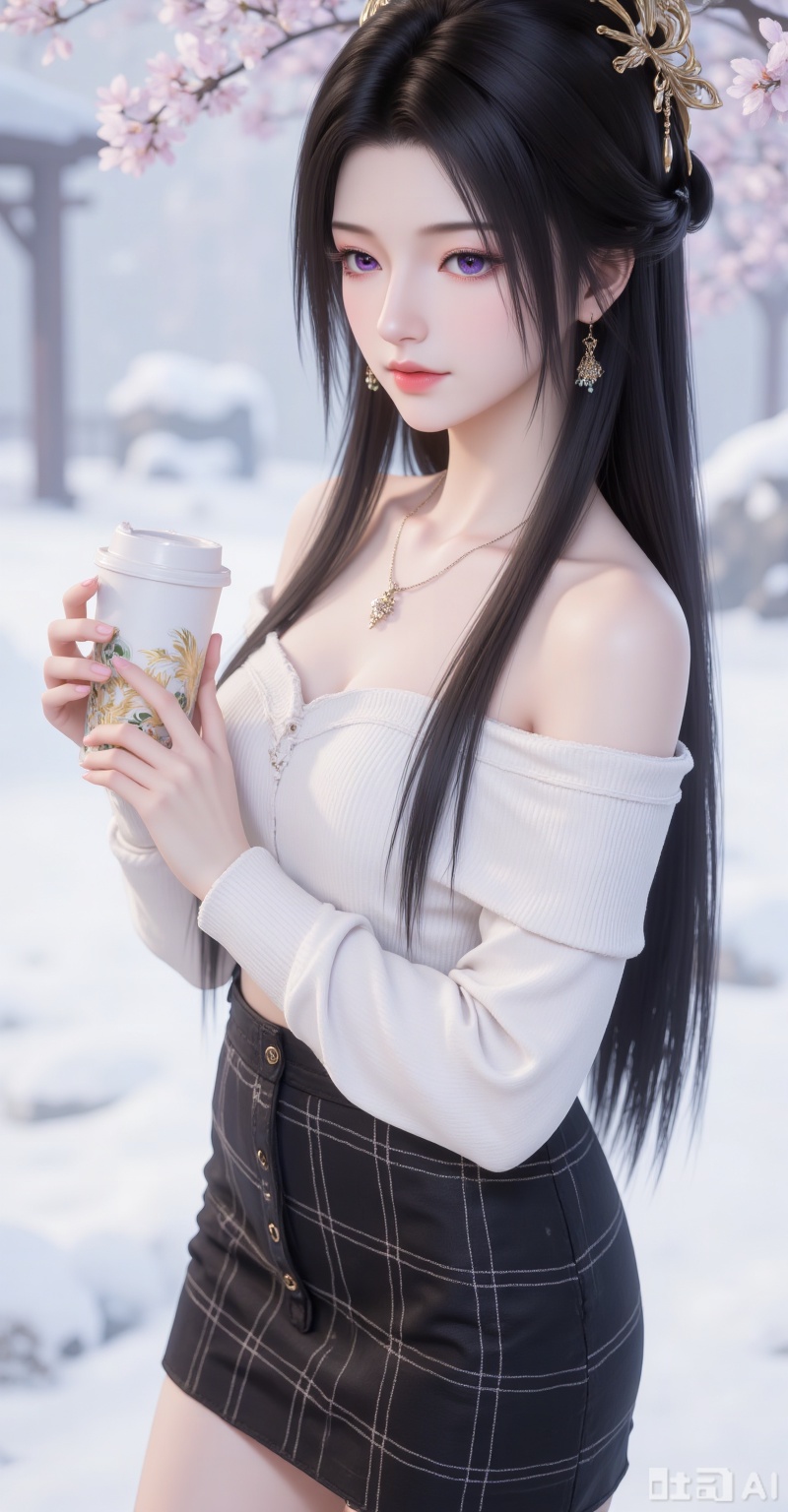 long hair,  looking at viewer, purple eyes, black hair, hair ornament, jewelry, closed mouth, earrings, necklace, 
1girl,solo,skirt,off shoulder,off-shoulder sweater,jewelry,white sweater,necklace,cup,bare shoulders,holding,sweater,disposable cup,breasts,black skirt,plaid skirt,collarbone,plaid,blurry background,crop top,holding cup,blurry,midriff,long sleeves,large breasts,
 white_background,simple background, 
lvjing,lvjing,pifu,
nangongwan,guanghuapifu,ziling