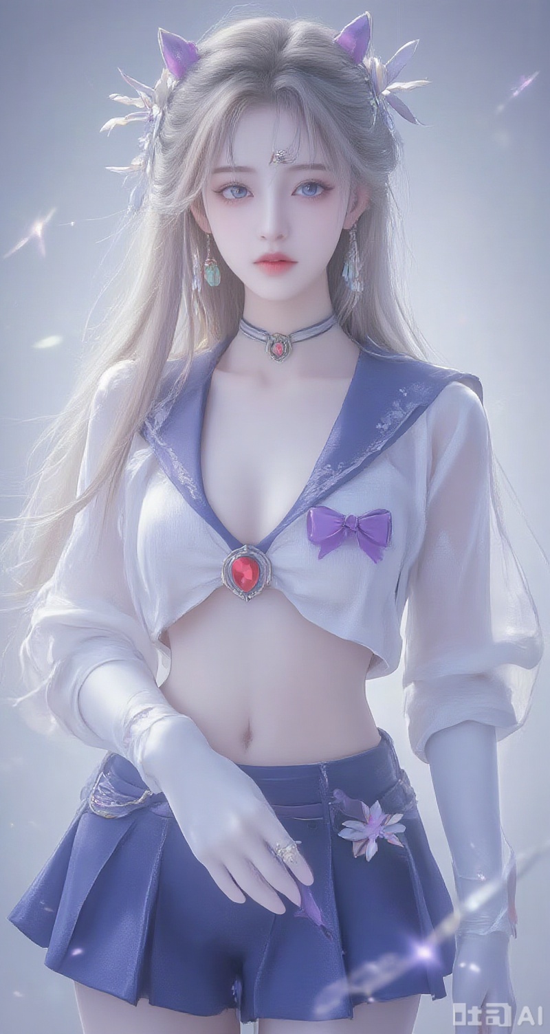 lvjing,baoshi,long hair,blonde hair,jewelry,earrings,blue eyes,ring,lips,red_lips, 1girl,sailor senshi uniform,solo,jewelry,skirt,gloves,earrings,blue skirt,white gloves,sailor collar,bow,breasts,choker,elbow gloves,magical girl,back bow,covered navel,heart,pleated skirt,looking at viewer,brooch,purple bow,heart brooch,red choker,circlet,miniskirt,closed mouth,large breasts,collarbone,red gemstone,tiara,cowboy shot,simple background,gradient background,close-up details,outstanding style,adding a touch of dimension to your images without compromising details,close-up,
