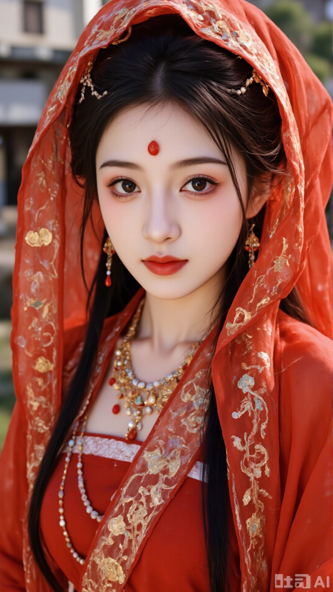 The image is a portrait of a young woman wearing a traditional Indian outfit. She is wearing a red and gold headpiece with intricate designs and patterns. The headpiece is made of a red fabric with gold accents and has a large hood that covers her head. The woman is also wearing a gold necklace and earrings. She has long dark hair and is looking directly at the camera with a serious expression. The background is blurred, but it appears to be an outdoor setting with buildings and trees visible. The overall mood of the image is elegant and regal.