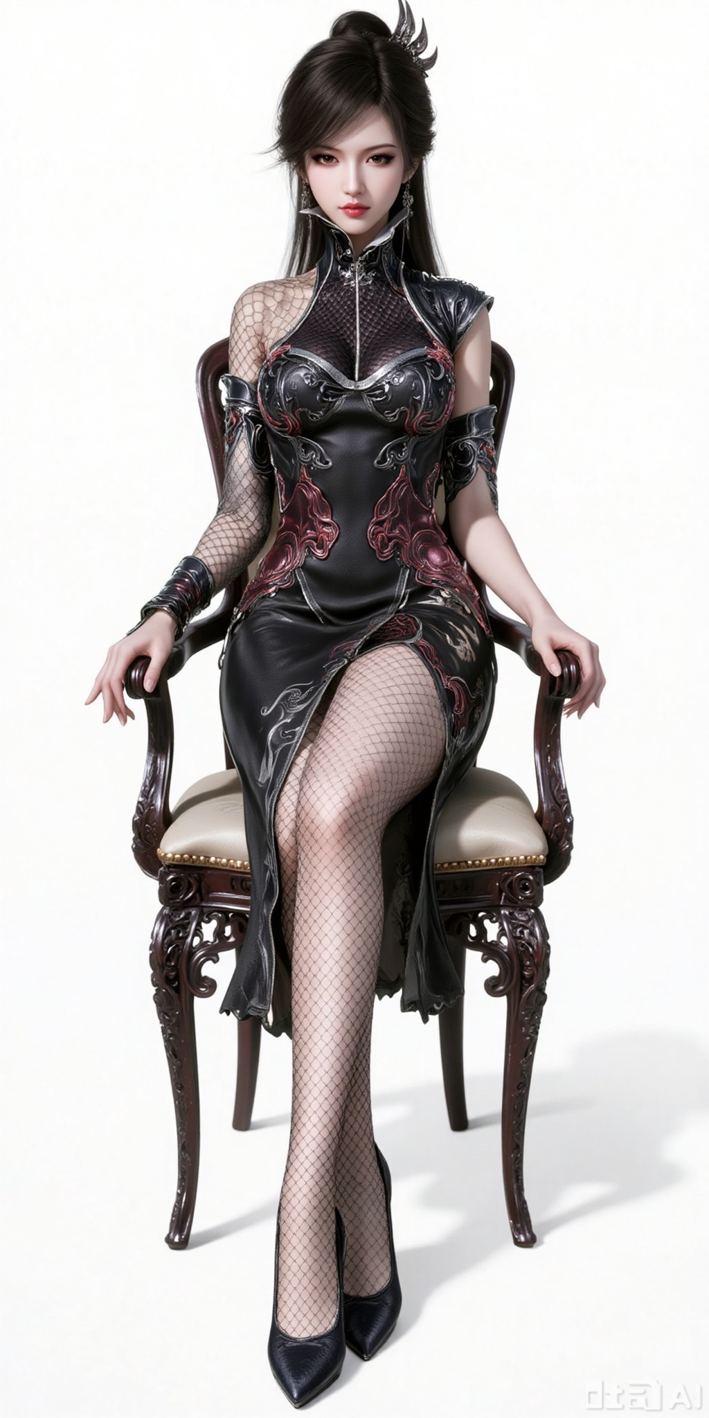 luxueqi,lvjing,baoshi,jingni,1girl,solo,fishnets,long hair,dress,black dress,black hair,gloves,pantyhose,full body,high_heels,sitting,chair,
white_background,simple background,
lvjing,lvjing,guanghuapifu,xiaowu,pifu,yafei,meidusha,yuanyao,qianrenxue