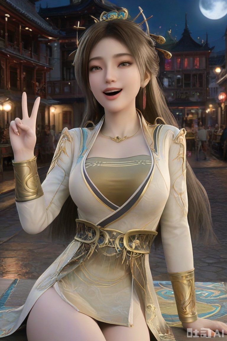 masterpiece,highres,3D Model,upper body,sitting ,ancient city,street,lantern,night,moon,Mid-Autumn Festival,smile,happy,
 
1girl,solo,pov,yuqing,brown hair,,long hair,brown eyes,big breasts,chinese clothes, super long legs,),dress,jewelry,dress slit,looking at viewer,model figure, slender figure,,Victory sign,V-sign,yaoxi,v-neck ,
,masterpiece, best quality, amazing quality,, ,high detailed skin,(detailed skin:1.1), intricate details, ,detailed background,yaoxi,realistic,2.5D,photorealistic,open mouth, enel face,sweat,teeth,wide-eyed,constricted pupils