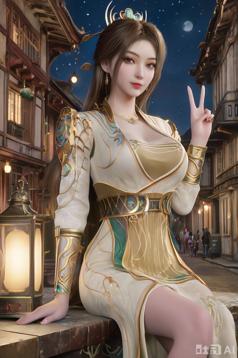 masterpiece,highres,3D Model,upper body,sitting ,ancient city,street,lantern,night,moon,Mid-Autumn Festival,
 
1girl,solo,pov,yuqing,brown hair,,long hair,brown eyes,big breasts, super long legs,),dress,jewelry,,looking at viewer,Model figure, slender figure,,Victory sign,V-sign,

,masterpiece, best quality, amazing quality,, ,high detailed skin,(detailed skin:1.1), intricate details, ,detailed background,yaoxi,realistic,2.5D,photorealistic