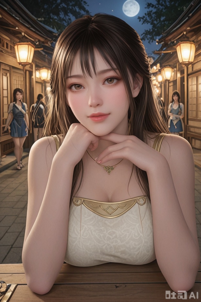 masterpiece,highres,3D Model,upper body,sitting ,ancient city,street,lantern,night,moon,Mid-Autumn Festival,
 
1girl,solo,pov,yuqing,brown hair,,long hair,brown eyes,big breasts, super long legs,),dress,jewelry,dress slit,looking at viewer,Model figure, slender figure,,Victory sign,V-sign,

,masterpiece, best quality, amazing quality,, ,high detailed skin,(detailed skin:1.1), intricate details, ,detailed background,yaoxi,realistic,2.5D,photorealistic