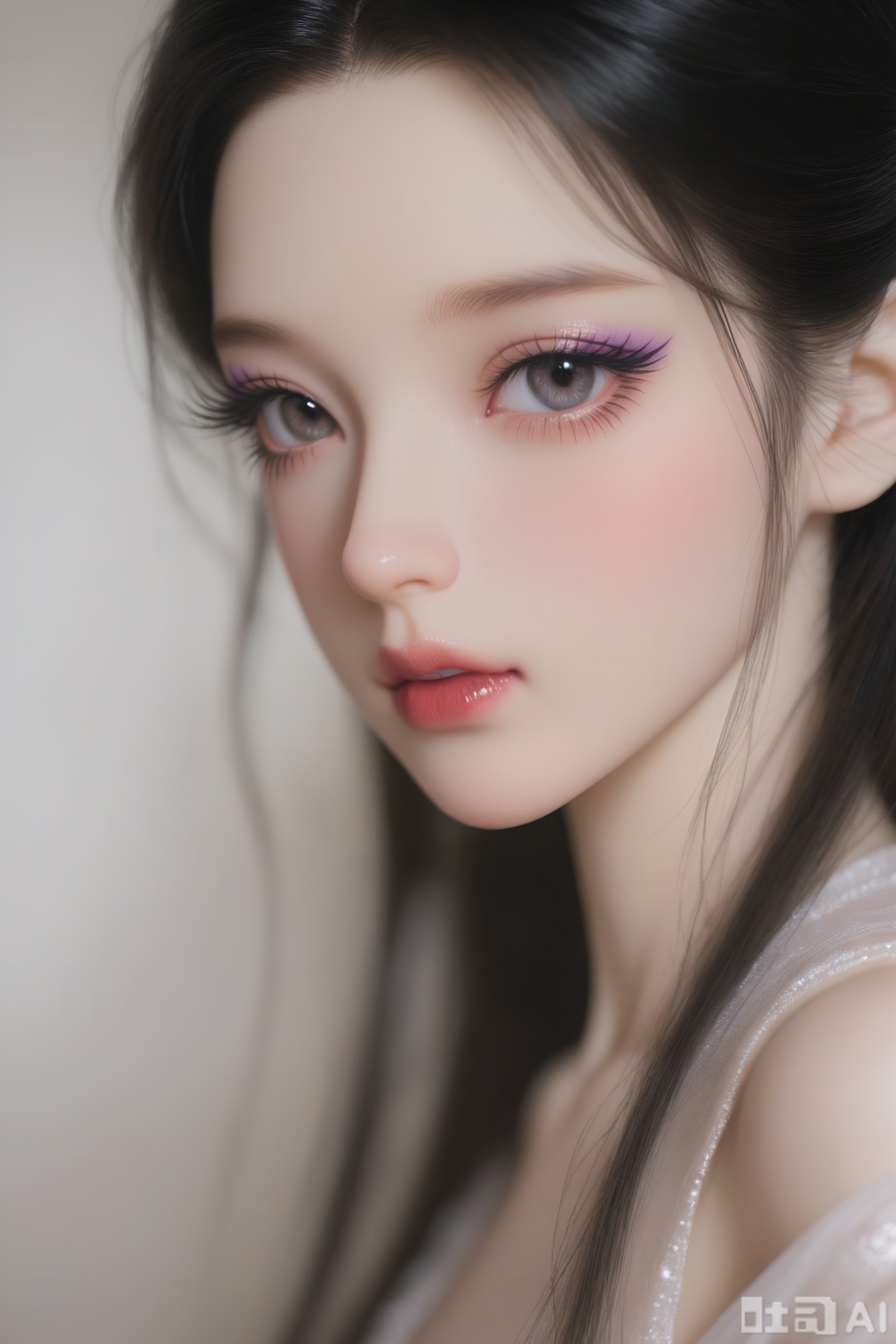 BJD_style,1girl,A selfie of a young Asian woman, soft lighting, soft contrast, realistic skin details, exquisite and beautiful makeup, cute atmosphere. Long, slender eyelashes, exquisite makeup, eyeliner, lipstick, lip gloss, the lips have a shiny reflection, moisturized lips, long eyelashes, the beauty of the contact lenses in the eyes is rich in detail, delicate skin,
Thick application, illustration, realistic, lifelike, vivid oil painting texture, delicate texture, realistic, vivid, oil painting texture, delicate texture, BJD, pose, looking at the view,BJD_style