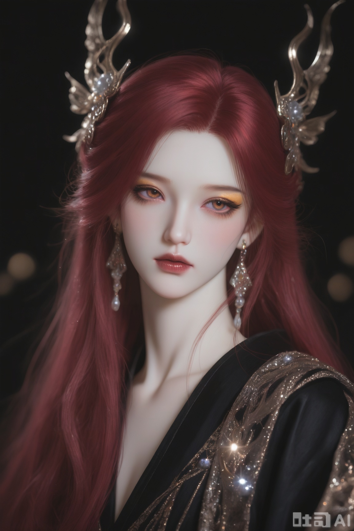 BJD_style,1boy,Brushstrokes, clear lines, contrast between light and dark, ultra-high definition, drape, high-end feel, glitter, contrast between highlights and shadows, delicate eye makeup, long wine-red hair,full shot, highest image quality, perfect quality, stunning eyes, phoenix eyes, extremely thick hair reaching waist, thick bangs naturally hanging down, messy hair, he wears metal hair accessories and earrings, a chiseled face cold and heartless, with golden dots on the brow, long and narrow phoenix eyes contemptuous, a dark gaze, golden eyeliner at the outer corner of the eyes, and a delicate makeup, with delicate features The facial shadows are handled properly. The macro lens focuses on the clear skin of the face. Strong light, delicate rendering, seductive, detailed facial features, rich details, deep distant view, facial focus, extremely rich details, high quality,drop Youdaoplaceholder0, realistic and lifelike, bright oil painting texture, fine texture,BJD, black background blur, dark color series of luxurious clothing, maximalism, Pose, male lead, low-angle upward shot, walking towards the camera, full-body shot