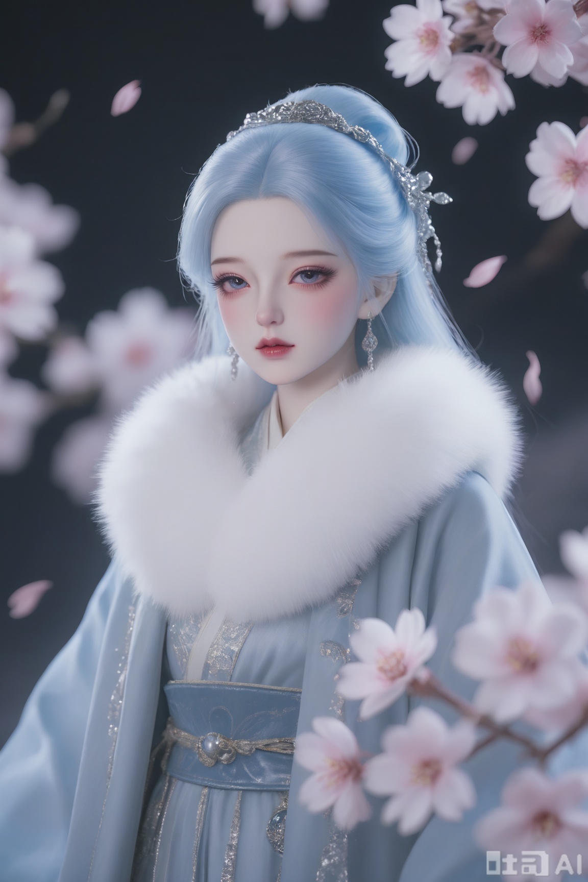 BJD_style,1girl,The image depicts a person dressed in an elaborate traditional outfit, standing amidst a backdrop of beautifully illuminated cherry blossoms. The individual is adorned in a flowing, light blue robe with intricate patterns and a luxurious fur collar, giving a regal and ethereal appearance. The person's hair is styled in an elegant updo, and they are wearing a headpiece that complements their attire. The background features a cluster of cherry blossoms, their delicate petals glowing softly under the warm light, creating a serene and picturesque scene. The overall ambiance is tranquil and reminiscent of a traditional, perhaps East Asian, setting. 
, stunning eyes,long and narrow phoenix eyes, red at the outer corner of the eyes, detailed facial features, rich details, Expressive eyes, alluring, cold, clear skin, porcelain skin, high-definition 32k,macro shot, facial shadows, facial focus, rich details, lowered eyes, disheveled hair,BJD feel, high quality, realistic and lifelike, oil painting texture, delicate texture, surrounded by ethereal and spiritual charm