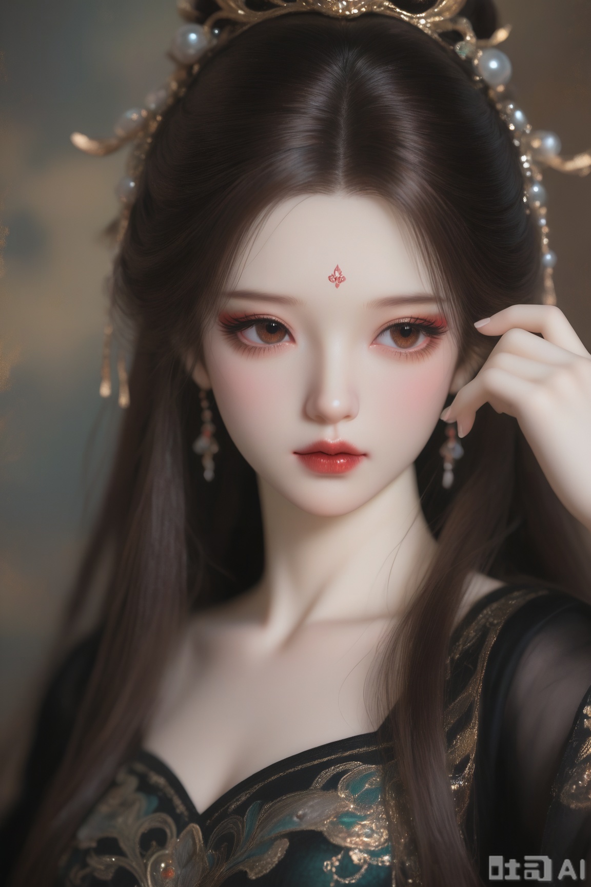 BJD_style,1girl, solo, long hair, looking at viewer, brown hair, hair ornament, dress, brown eyes, upper body, black dress, facial mark, forehead mark, red lips,

Thick application, illustration, realistic, lifelike, vivid oil painting texture, delicate texture, realistic, vivid, oil painting texture, delicate texture, BJD, pose, looking at the view,BJD_style
