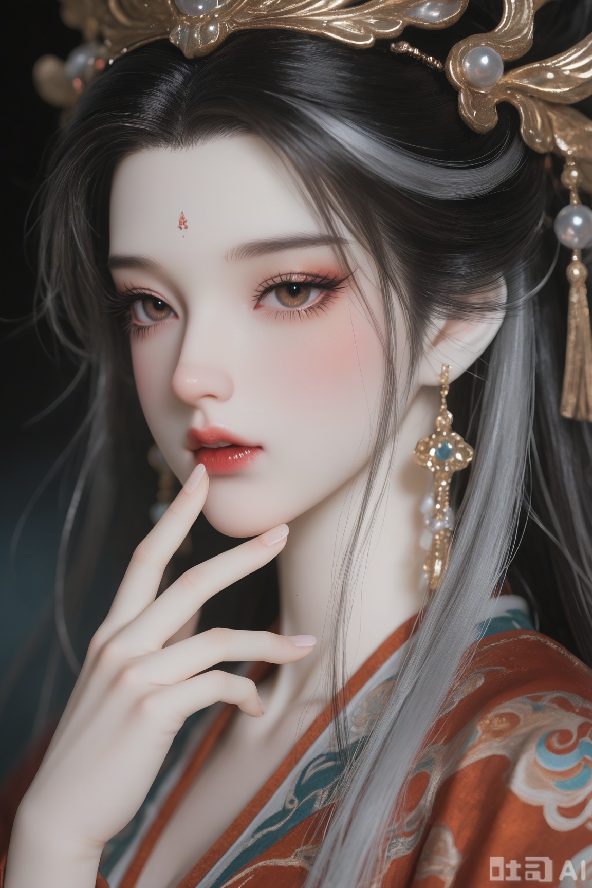 BJD_style,1girl,Half-length composition, a stunningly beautiful woman, with deep and calm eyes, staring at the camera, mysterious and eerie, contemptuous and cold, dressed in an ancient and cold style, her hair is in a mess, decorated in a black and gray Dunhuang style dress with a flowing skirt, close-up of her face, her chin raised to look at the camera, clear and innocent eyes, pitiful and charming, Dunhuang style, black and brown mica luster texture hair, metallic and pearlescent luster grayish-black floating The headwear features a Dunhuang style painting pattern at the outer corner of the eyes, a light-colored mica-lustrous flower inlaid between the eyebrows, a fantasy ancient-style illustration with clear lines, contrast between light and dark, ultra-high definition, a sense of luxury, a close-up of the face, the highest picture quality, stunning eyes,long yellow ashes, brown pupils, clear and transparent, delicate rendering, stunning eyes,long and narrow phoenix eyes, red at the outer corner of the eyes, detailed facial features, rich details, Expressive eyes, alluring, cold, clear skin, porcelain skin, high-definition 32k,macro shot, facial shadows, facial focus, rich details, lowered eyes, disheveled hair,BJD feel, high quality, realistic and lifelike, oil painting texture, delicate texture, surrounded by ethereal and spiritual charm
