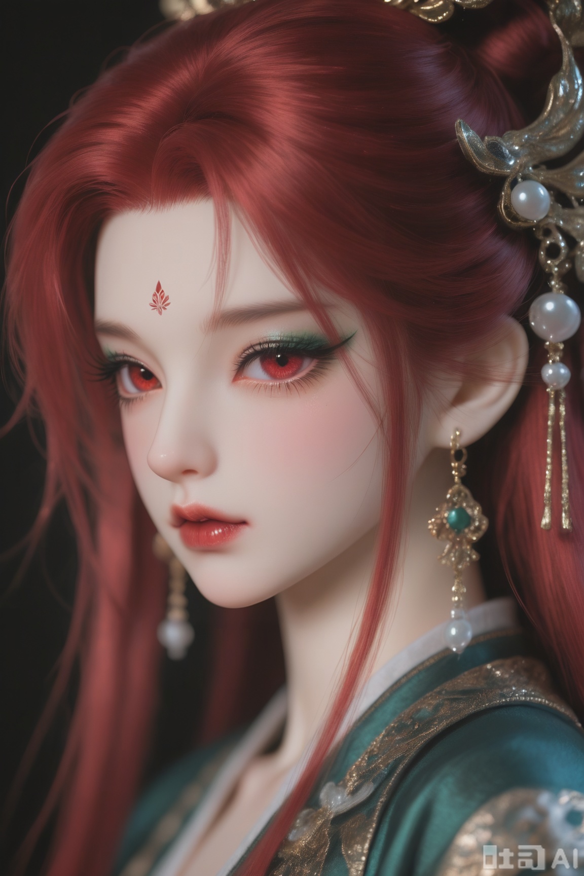 BJD_style,1boy, solo, long hair, looking at viewer, hair ornament, red eyes, jewelry, upper body, red hair, earrings, blurry, lips, makeup, facial mark, portrait, eyeshadow, forehead mark, red lips.
Thick application, illustration, realistic, lifelike, vivid oil painting texture, delicate texture, realistic, vivid, oil painting texture, delicate texture, BJD, pose, looking at the view,BJD_style