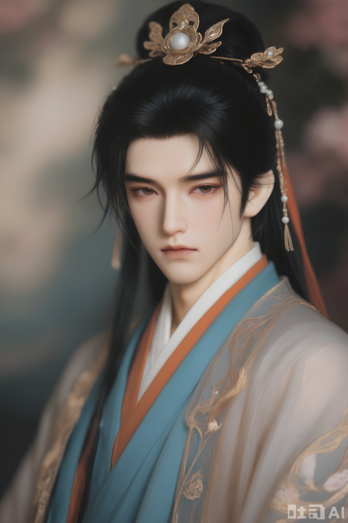 BJD_style,1boy, solo, long hair, looking at viewer, black hair, hair ornament, 1boy, closed mouth, upper body, male focus, blurry, blurry background, chinese clothes, hanfu.
Thick application, illustration, realistic, lifelike, vivid oil painting texture, delicate texture, realistic, vivid, oil painting texture, delicate texture, BJD, pose, looking at the view,BJD_style