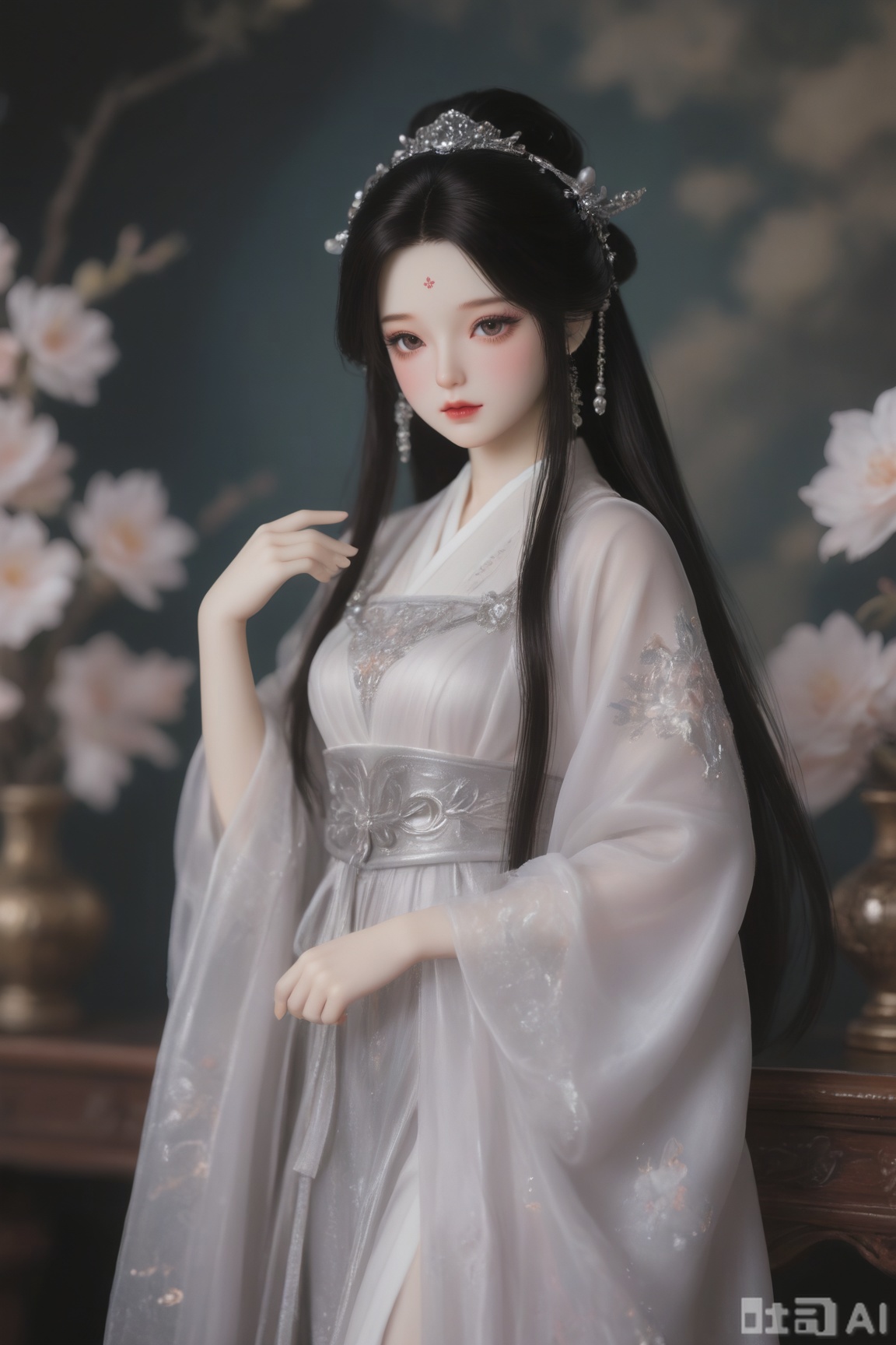 BJD_style,1girl, solo, long hair,The image depicts a highly detailed and intricate doll or figurine. The figure has long, dark hair adorned with ornate hairpins and beads, and a flowing black and gray robe with silver embroidery. The face is delicately painted with subtle makeup, including red lipstick and defined eyebrows, and there is a decorative mark on the forehead. The overall aesthetic is elegant and traditional, with a focus on fine craftsmanship and attention to detail. The background is blurred, ensuring that the figure remains the central focus of the image.
Thick application, illustration, realistic, lifelike, vivid oil painting texture, delicate texture, realistic, vivid, oil painting texture, delicate texture, BJD, pose, looking at the view,BJD_style