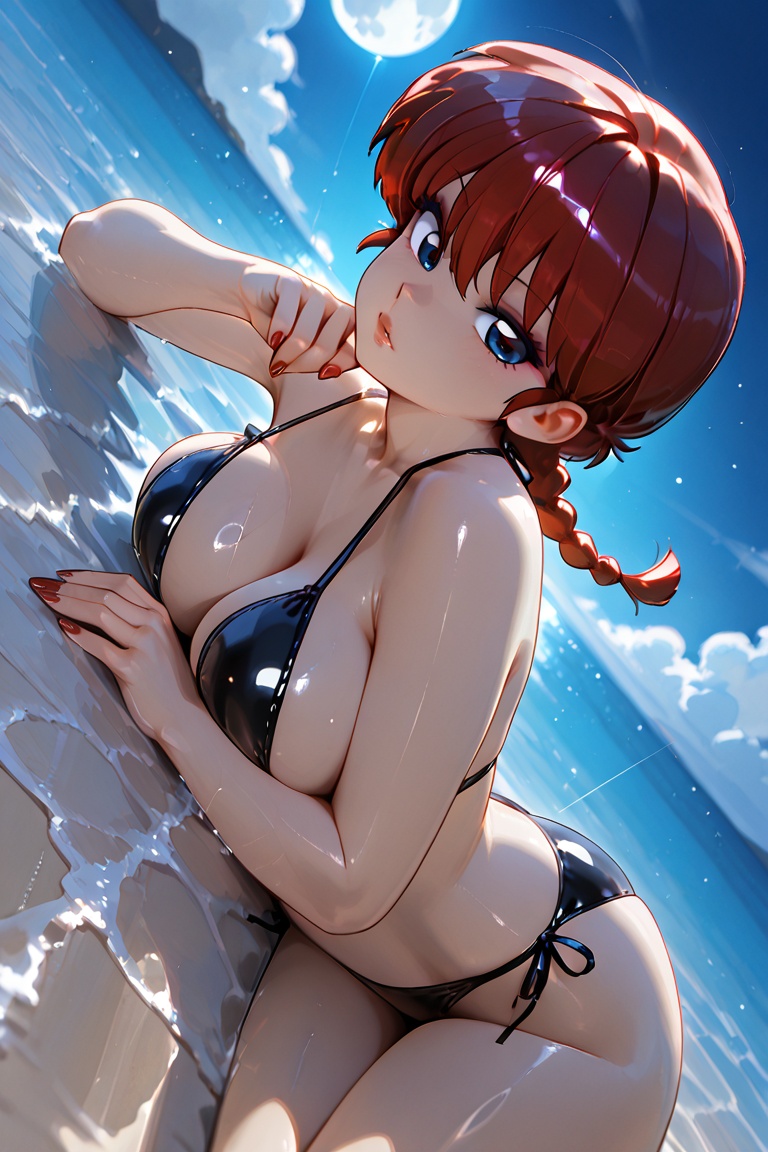 Breast massage Late night,  full moon,  (girl lying on black sand beach) on Tensor.Art