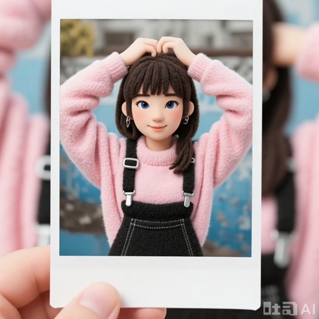 Convert the image into a 3D felt Polaroid-style photo effect