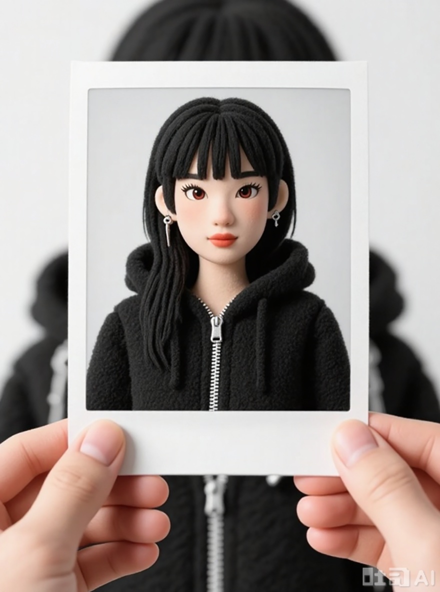 Convert the image into a 3D felt Polaroid-style photo effect