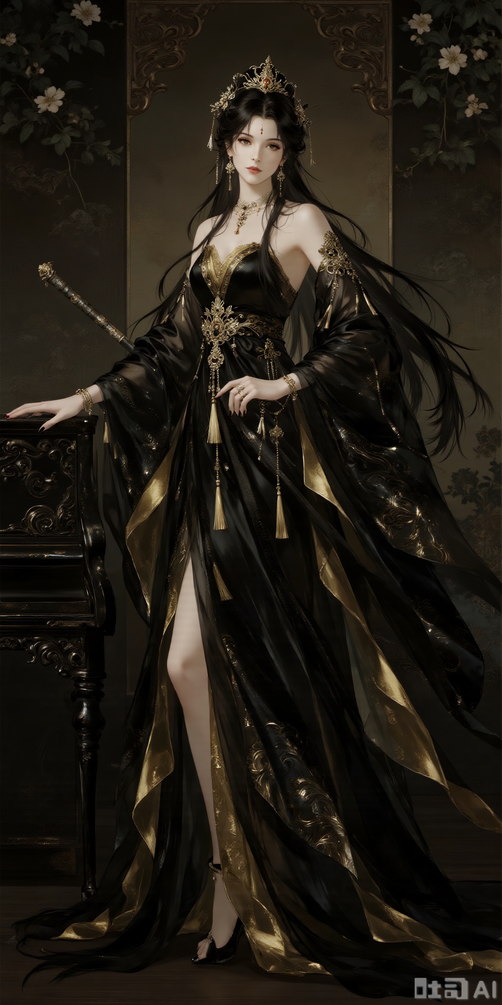 a medium-sized Asian woman, dressed in a black and gold dress, adorned with a crown on her head. She is holding a sword in her right hand, her left hand resting on her hip. The woman's hair is long and cascades down her left shoulder, adding a touch of beauty to her outfit. The backdrop is a dark, ornate wall adorned with flowers and leaves. To the left of the woman, a black piano is visible