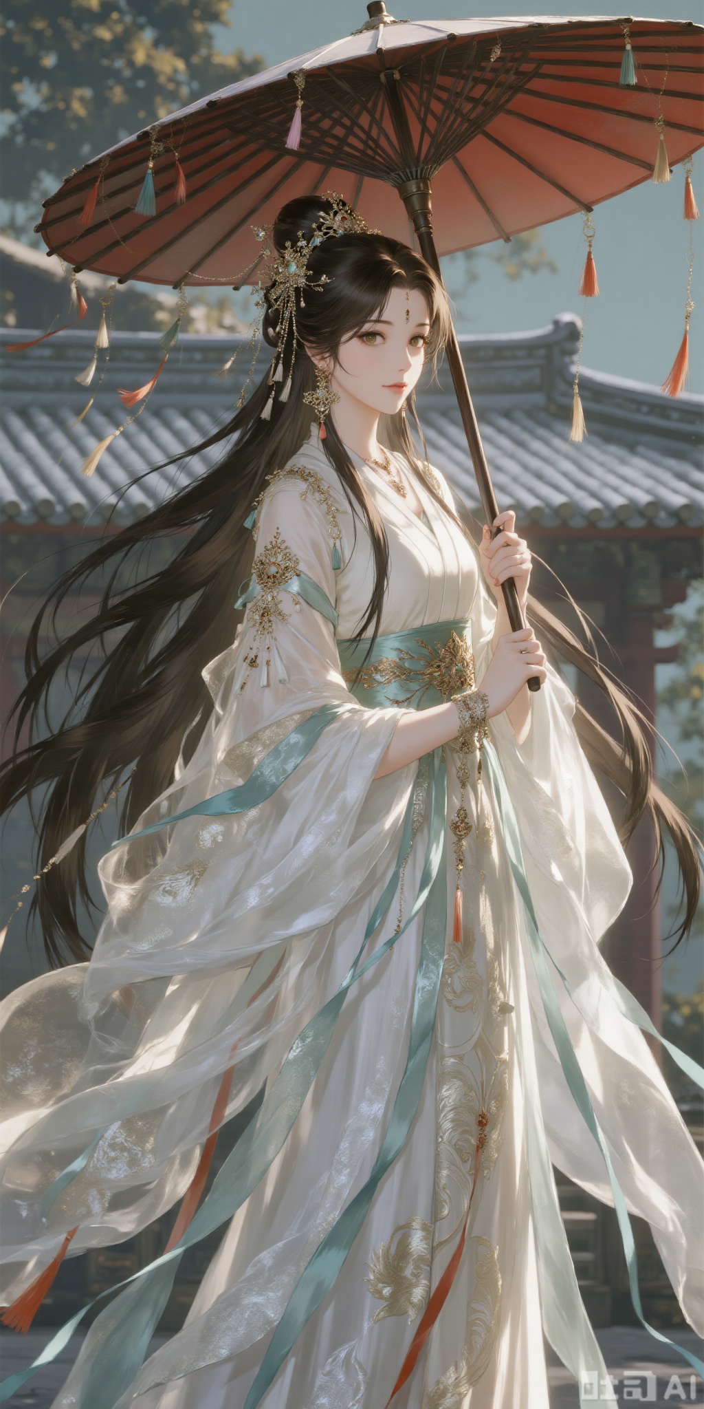 a medium-sized Asian woman, dressed in a white kimono adorned with gold embroidery and a crown, is holding a parasol in her right hand. The parasol is adorned with tassels, adding a touch of color to the scene. The woman's hair cascades down to her left, framing her face. The backdrop, a pagoda-like building, is blurred in the background, adding depth to the composition.