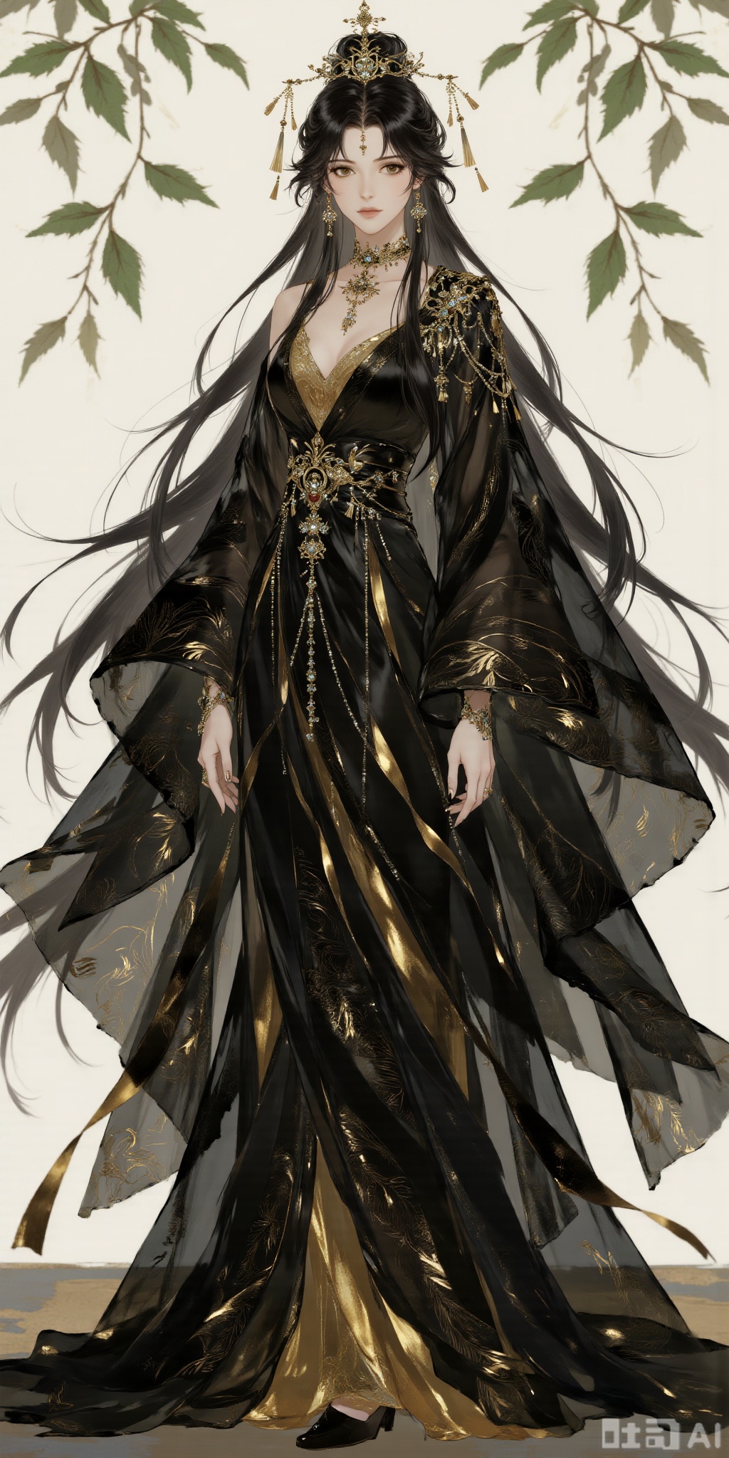 a woman dressed in a black and gold gown adorned with a crown on her head. Her hair is long and cascades over her shoulders, adding a touch of beauty to her outfit. The backdrop is a stark white wall, adorned with green leaves.