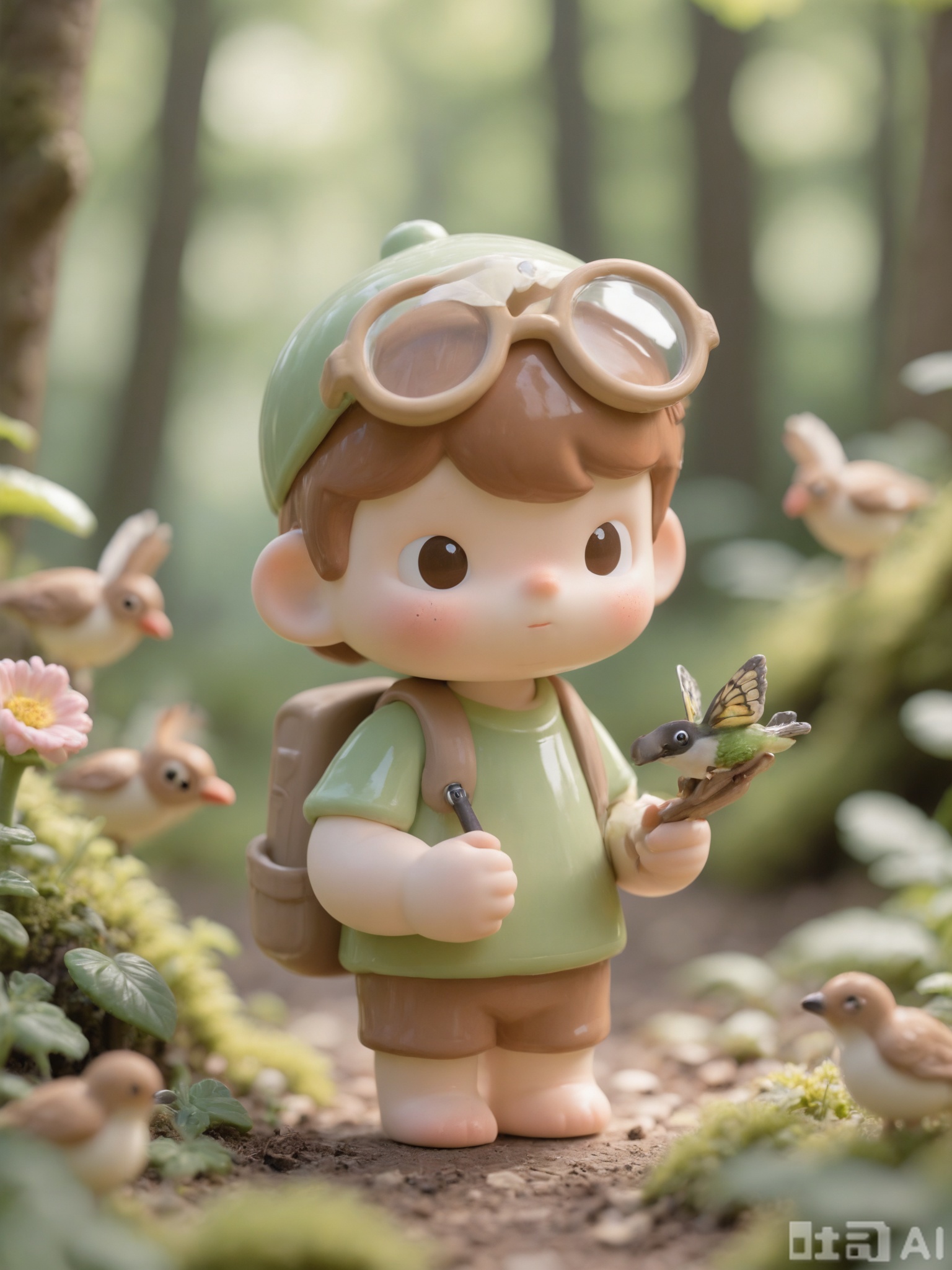 KATC, A curious, bespectacled boy with tousled brown hair and a faded baseball cap explores a sun-dappled forest trail. He wears a green t-shirt and cargo shorts, holding a magnifying glass as he examines leaves and insects. The path is lined with wildflowers, a babbling brook runs nearby, and birds chirp melodiously from the trees.

