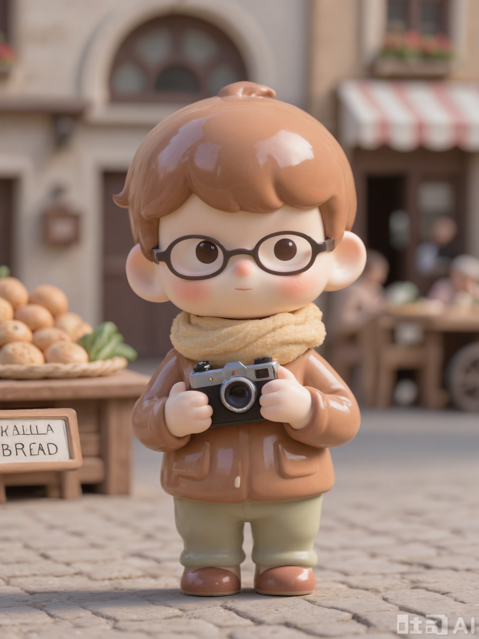 KATC, A thoughtful, bespectacled boy with messy brown hair and a vintage camera hangs around his neck wanders through a historic town square. He wears a corduroy jacket and scarf, pausing to take photos of cobblestone streets, old stone buildings, and street performers. The square is lively with market stalls, laughter, and the aroma of fresh bread.

