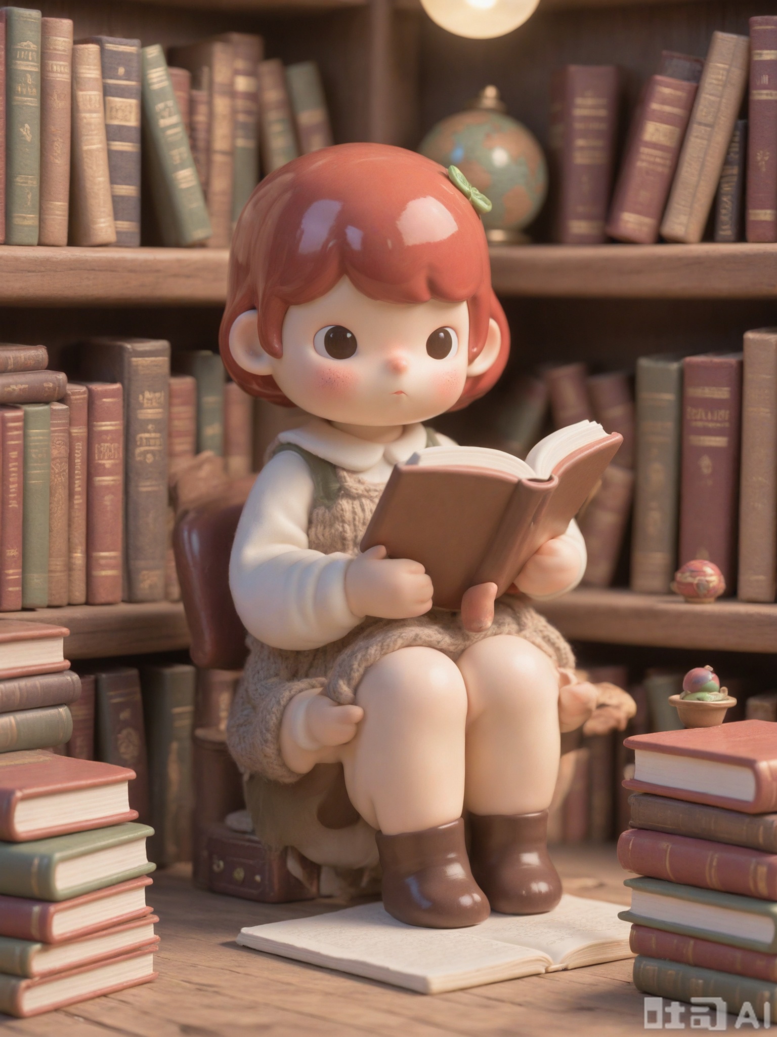 KATC, A shy, petite girl with short, pixie-cut red hair and a cozy knitted sweater sits at a wooden desk in a quiet study room. She wears a plaid skirt and ankle socks, intently writing in a journal with a fountain pen. The room is filled with shelves of leather-bound books, a globe, and a soft lamp casting a warm glow over her workspace.

