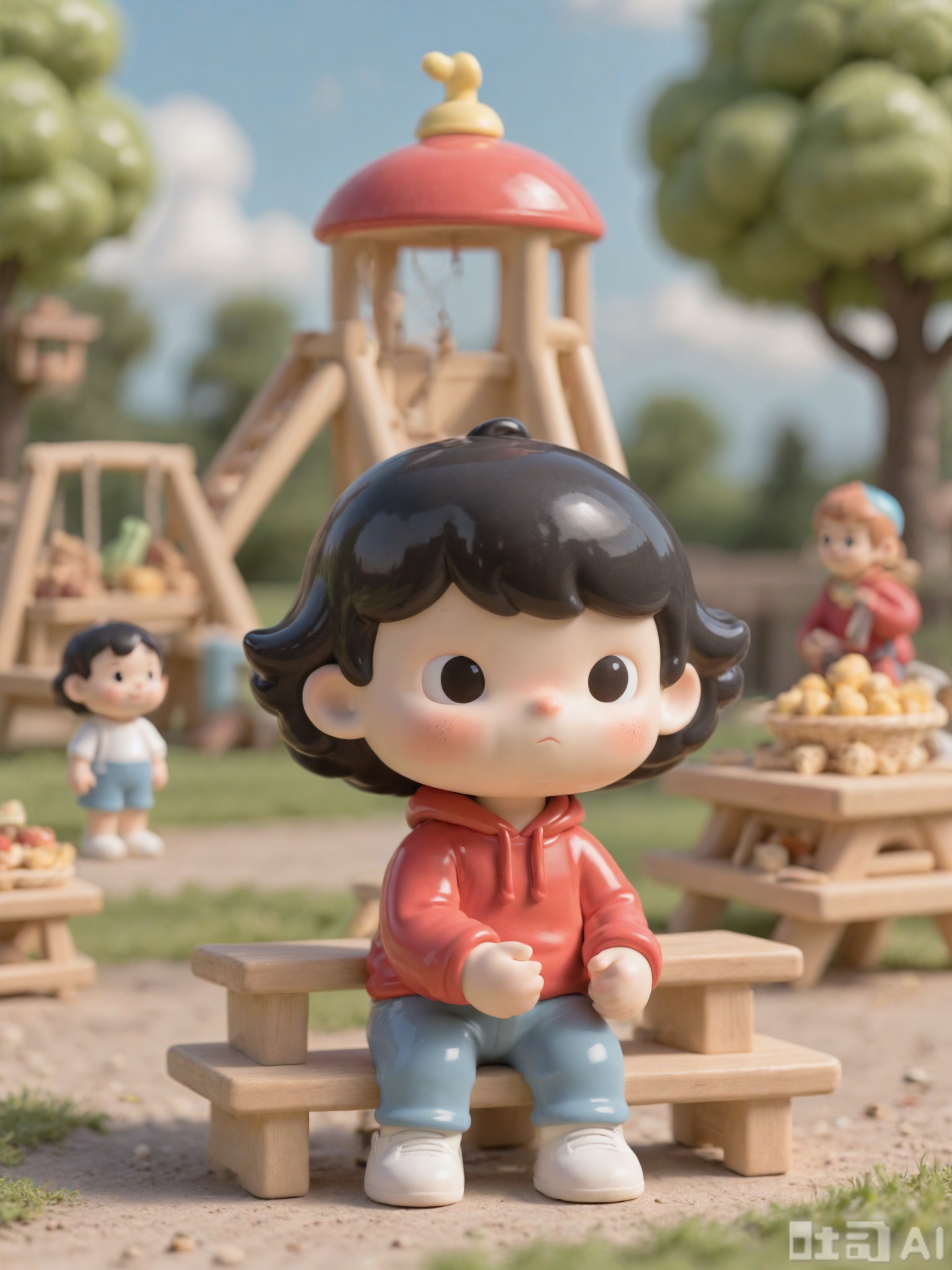 KATC, A lively, energetic boy with short, curly black hair and bright green sneakers stands in a sunlit playground. He wears a red hoodie and blue jeans, Surrounding him are swings gently swaying, a colorful slide, and a picnic table with scattered snacks. The sky is clear with a few fluffy clouds, and the air hums with joyful chatter.
