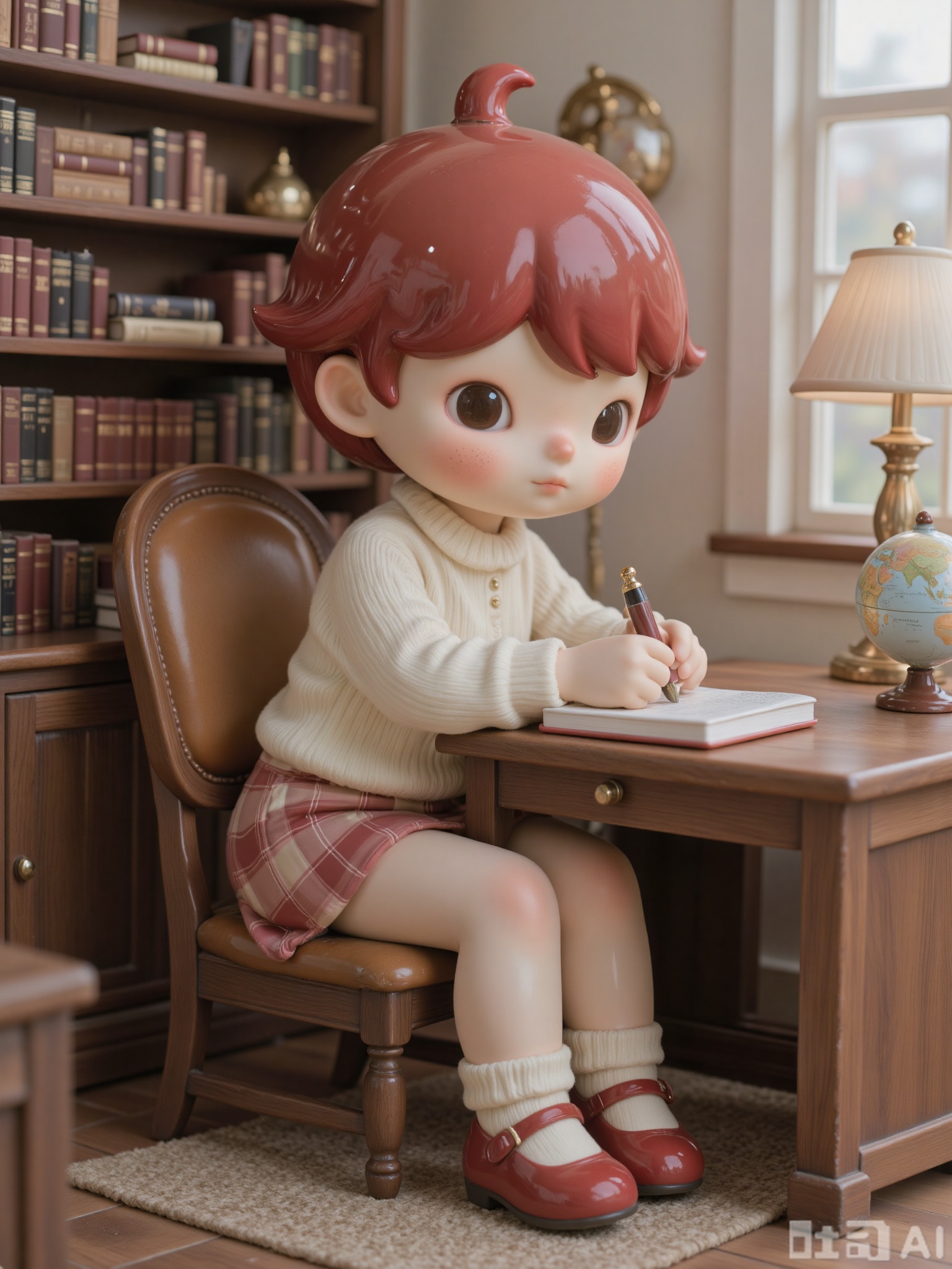 KATC, A shy, petite girl with short, pixie-cut red hair and a cozy knitted sweater sits at a wooden desk in a quiet study room. She wears a plaid skirt and ankle socks, intently writing in a journal with a fountain pen. The room is filled with shelves of leather-bound books, a globe, and a soft lamp casting a warm glow over her workspace.
