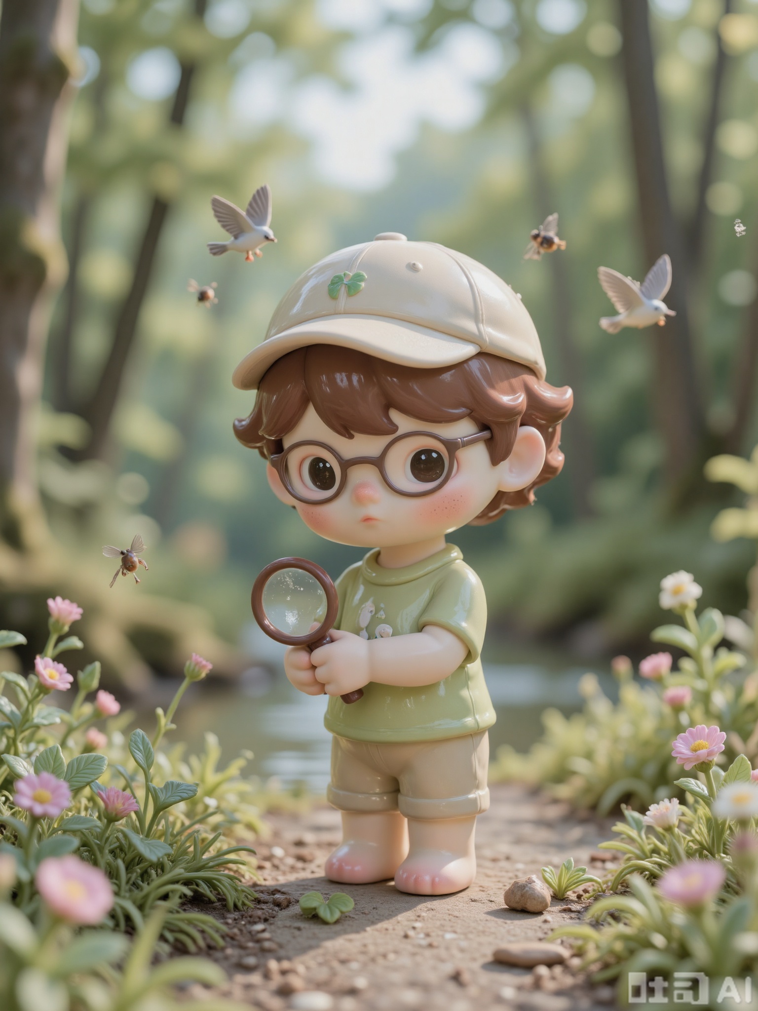 KATC, A curious, bespectacled boy with tousled brown hair and a faded baseball cap explores a sun-dappled forest trail. He wears a green t-shirt and cargo shorts, holding a magnifying glass as he examines leaves and insects. The path is lined with wildflowers, a babbling brook runs nearby, and birds chirp melodiously from the trees.
