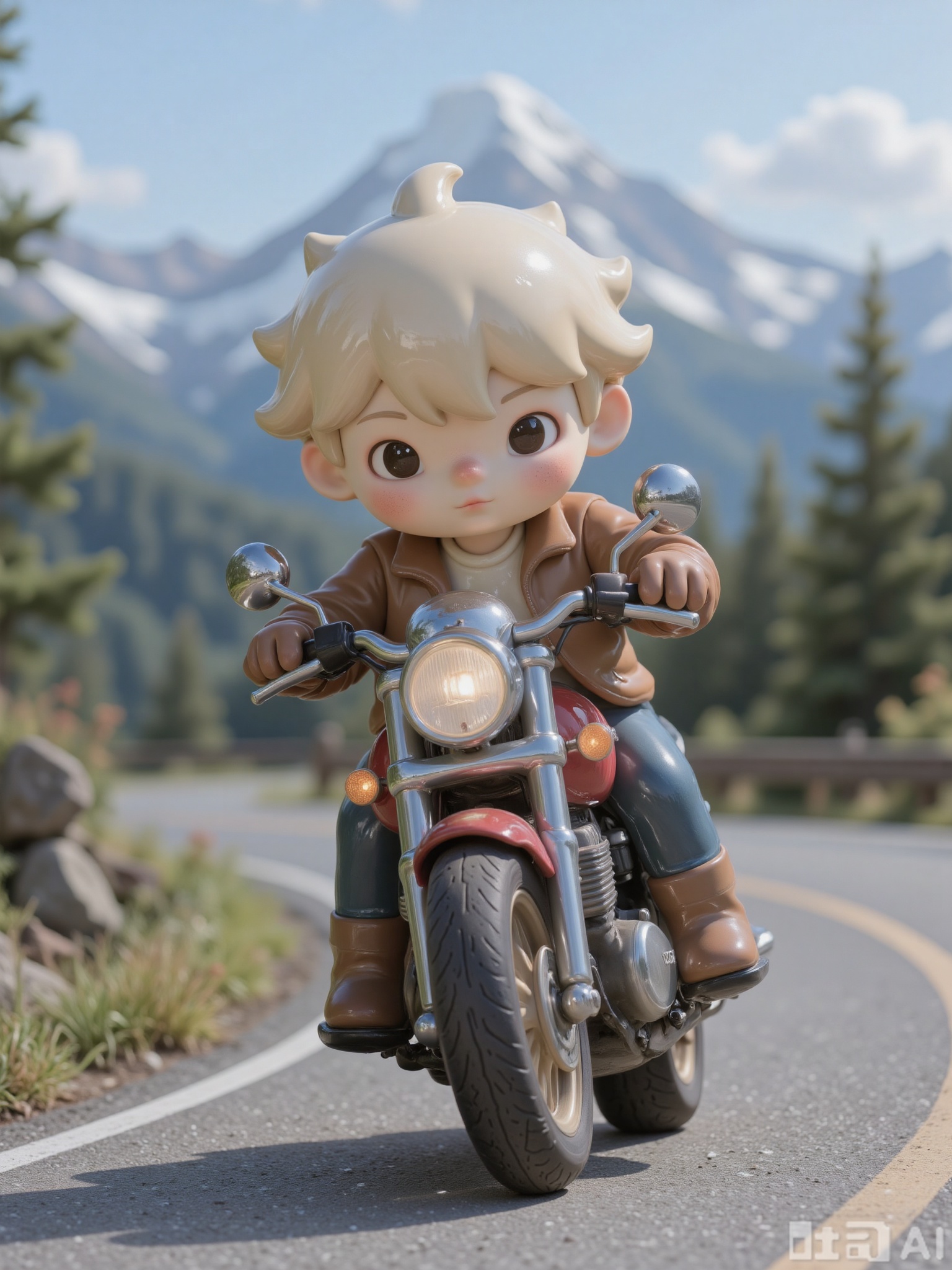 KATC, A adventurous, daring boy with short, spiky blonde hair and a leather jacket rides a motorcycle through a mountain road. He wears a helmet and gloves, speeding around curves as the wind whips through his hair. The mountains are majestic, with snow-capped peaks and a clear blue sky above.
