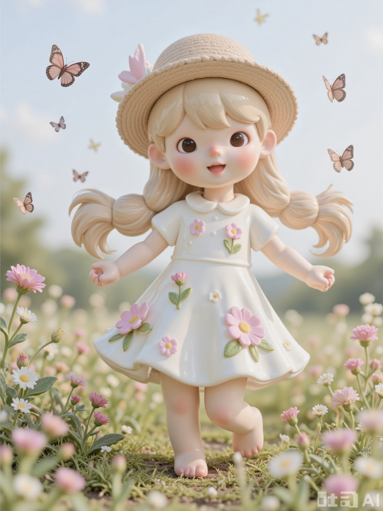 KATC, A joyful, carefree girl with long, braided blonde hair and a flower-printed dress dances in a meadow of wildflowers. She wears a straw hat and bare feet, twirling and laughing as butterflies flutter around her. The meadow is bathed in golden sunlight, and the air is filled with the sweet scent of blooming flowers.
