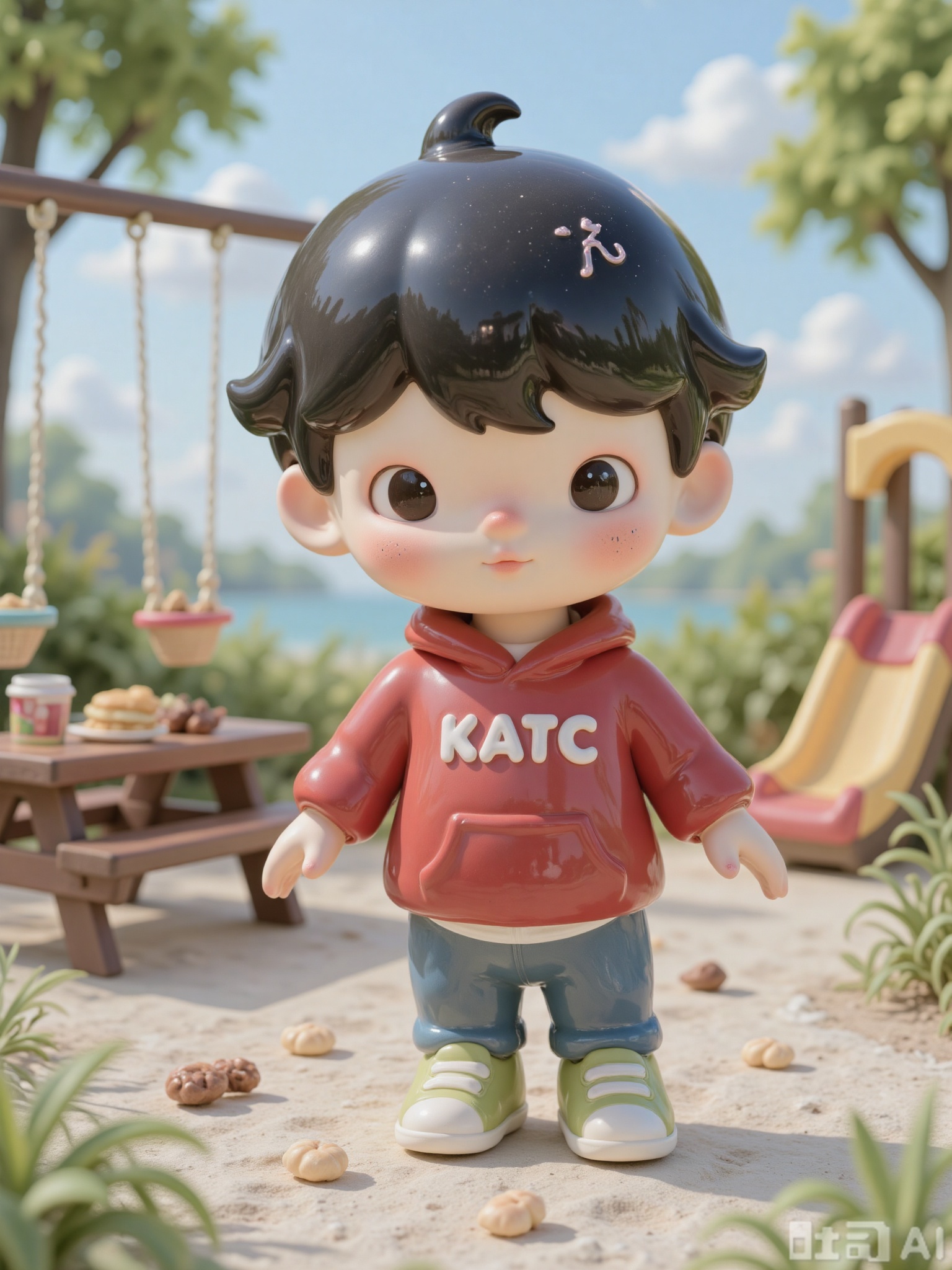 KATC, A lively, energetic boy with short, curly black hair and bright green sneakers stands in a sunlit playground. He wears a red hoodie and blue jeans, Surrounding him are swings gently swaying, a colorful slide, and a picnic table with scattered snacks. The sky is clear with a few fluffy clouds, and the air hums with joyful chatter.