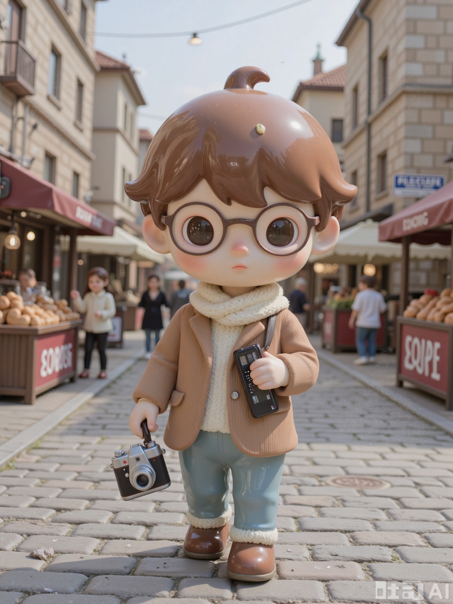 KATC, A thoughtful, bespectacled boy with messy brown hair and a vintage camera hangs around his neck wanders through a historic town square. He wears a corduroy jacket and scarf, pausing to take photos of cobblestone streets, old stone buildings, and street performers. The square is lively with market stalls, laughter, and the aroma of fresh bread.
