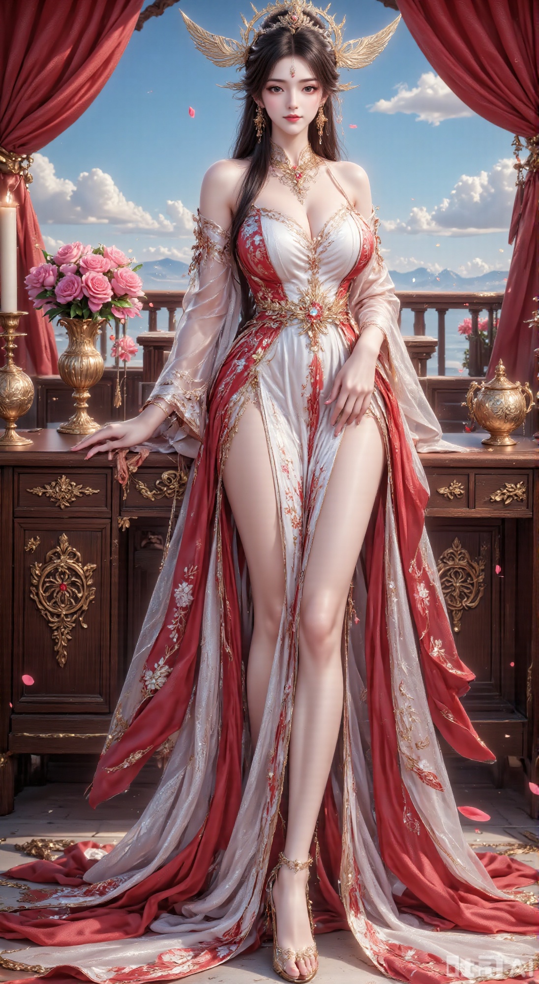 1girl, dress, jewelry, solo, flower, vase, full body, blue sky, sky, black hair, curtains, necklace, white dress, earrings, high heels, bare shoulders, hair ornament, candle, long hair, cloud, table, bracelet, standing, looking at viewer, breasts, chinese clothes, tassel, bare legs, anklet, petals, indoors