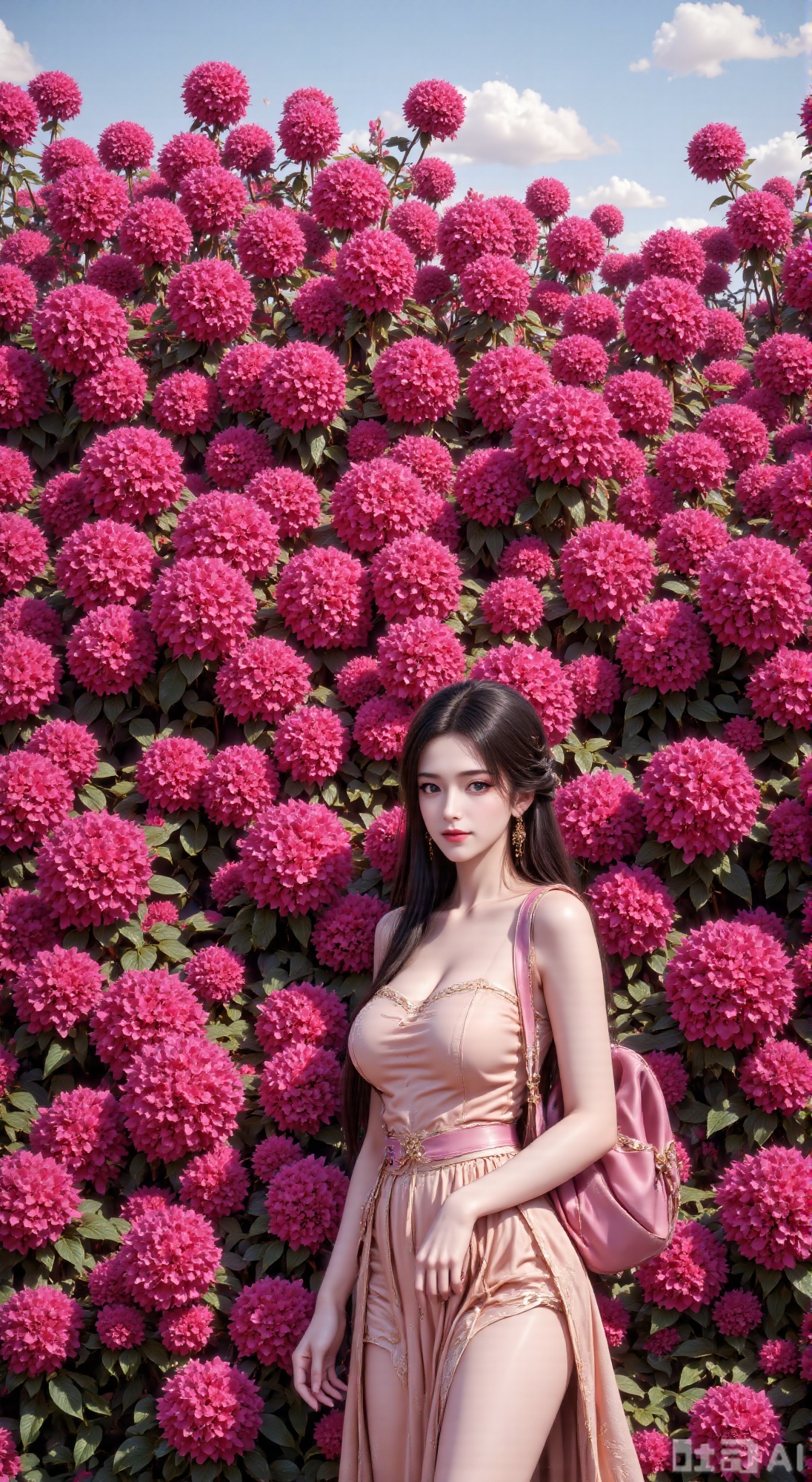 The image shows a person standing in front of a vibrant display of pink flowers. The individual is wearing a light peach-colored off-shoulder top and a peach-colored skirt. They have long, dark hair and are carrying a pink backpack. The background is filled with dense clusters of bright pink flowers, creating a lush and colorful scene. The sky is visible in the top part of the image, indicating that it is likely a clear day.