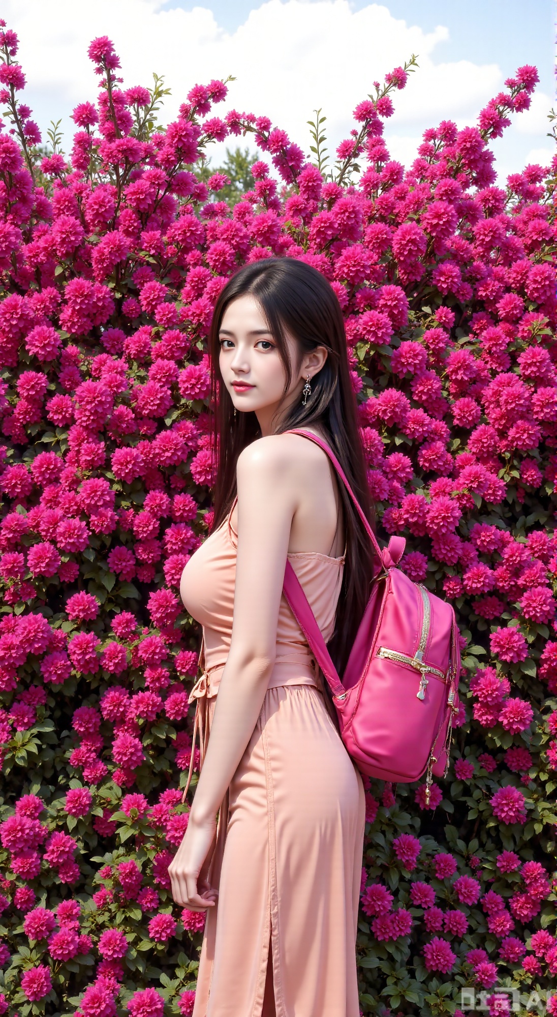 The image shows a person standing in front of a vibrant display of pink flowers. The individual is wearing a light peach-colored off-shoulder top and a peach-colored skirt. They have long, dark hair and are carrying a pink backpack. The background is filled with dense clusters of bright pink flowers, creating a lush and colorful scene. The sky is visible in the top part of the image, indicating that it is likely a clear day.