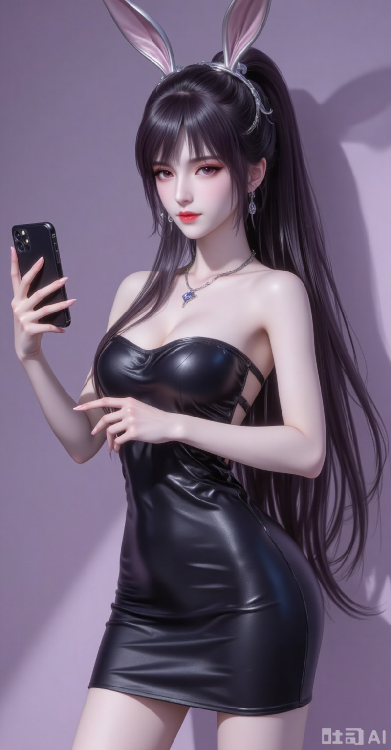 Best quality, masterpiece, 8k, 
xiaowu,animal ears,rabbit ears,hair ornament,ponytail,long hair,black hair,closed mouth,bangs,
1girl,solo,dress,holding,bare shoulders,jewelry,medium breasts,necklace,black dress,strapless,phone,short dress,cellphone,strapless dress,smartphone,holding phone,selfie,pencil dress,
burry_background,simple background,
cover,gradient background,close-up details,outstanding style,adding a touch of dimension to your images without compromising details,close-up,(highres:1.2),colorful,
lvjing,guanghuapifu,pifu,biji,lifu,qianrenxue
