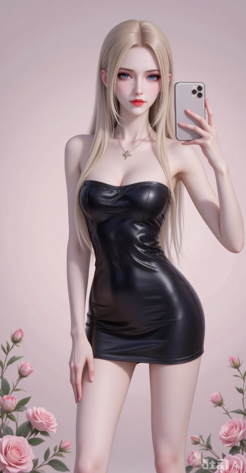 Best quality, masterpiece, 8k, 
 long hair, blonde hair,blue eyes,legs,long legs,flowers,
1girl,solo,dress,holding,bare shoulders,jewelry,medium breasts,necklace,black dress,strapless,phone,short dress,cellphone,strapless dress,smartphone,holding phone,selfie,pencil dress,
burry_background,simple background,
cover,gradient background,close-up details,outstanding style,adding a touch of dimension to your images without compromising details,close-up,(highres:1.2),colorful,
lvjing,guanghuapifu,pifu,biji,lifu,qianrenxue