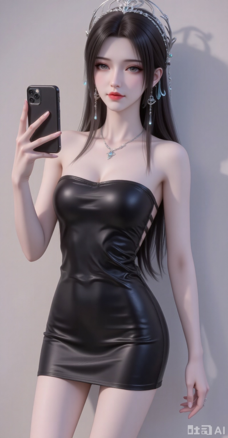 Best quality, masterpiece, 8k, 
hair ornament,long hair,black hair,closed mouth,black hair,
1girl,solo,dress,holding,bare shoulders,jewelry,medium breasts,necklace,black dress,strapless,phone,short dress,cellphone,strapless dress,smartphone,holding phone,selfie,pencil dress,
burry_background,simple background,
cover,gradient background,close-up details,outstanding style,adding a touch of dimension to your images without compromising details,close-up,(highres:1.2),colorful,
lvjing,guanghuapifu,pifu,biji,lifu,qianrenxue,qingyi
