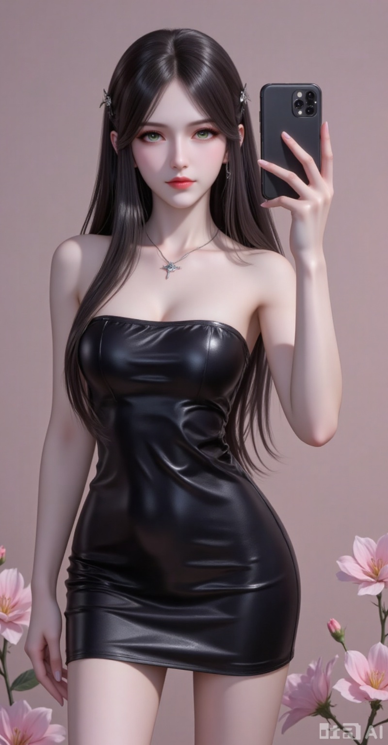 Best quality, masterpiece, 8k, 
 long hair, black hair,green eyes,legs,long legs,flowers,
1girl,solo,dress,holding,bare shoulders,jewelry,medium breasts,necklace,black dress,strapless,phone,short dress,cellphone,strapless dress,smartphone,holding phone,selfie,pencil dress,
burry_background,simple background,
cover,gradient background,close-up details,outstanding style,adding a touch of dimension to your images without compromising details,close-up,(highres:1.2),colorful,
lvjing,guanghuapifu,pifu,biji,lifu,qianrenxue