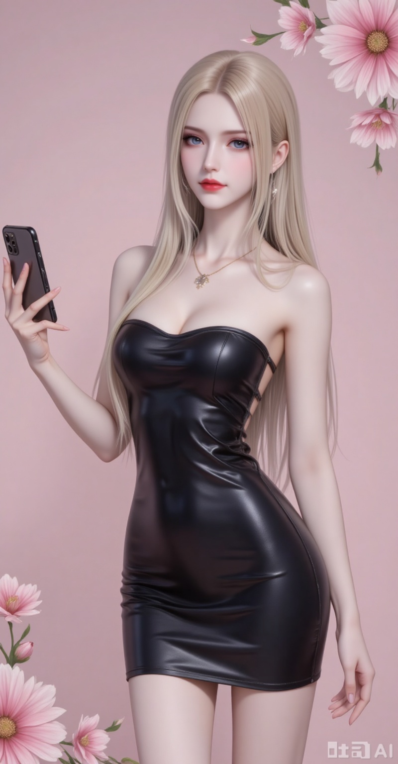 Best quality, masterpiece, 8k, 
 long hair, blonde hair,blue eyes,legs,long legs,flowers,
1girl,solo,dress,holding,bare shoulders,jewelry,medium breasts,necklace,black dress,strapless,phone,short dress,cellphone,strapless dress,smartphone,holding phone,selfie,pencil dress,
burry_background,simple background,
cover,gradient background,close-up details,outstanding style,adding a touch of dimension to your images without compromising details,close-up,(highres:1.2),colorful,
lvjing,guanghuapifu,pifu,biji,lifu,qianrenxue