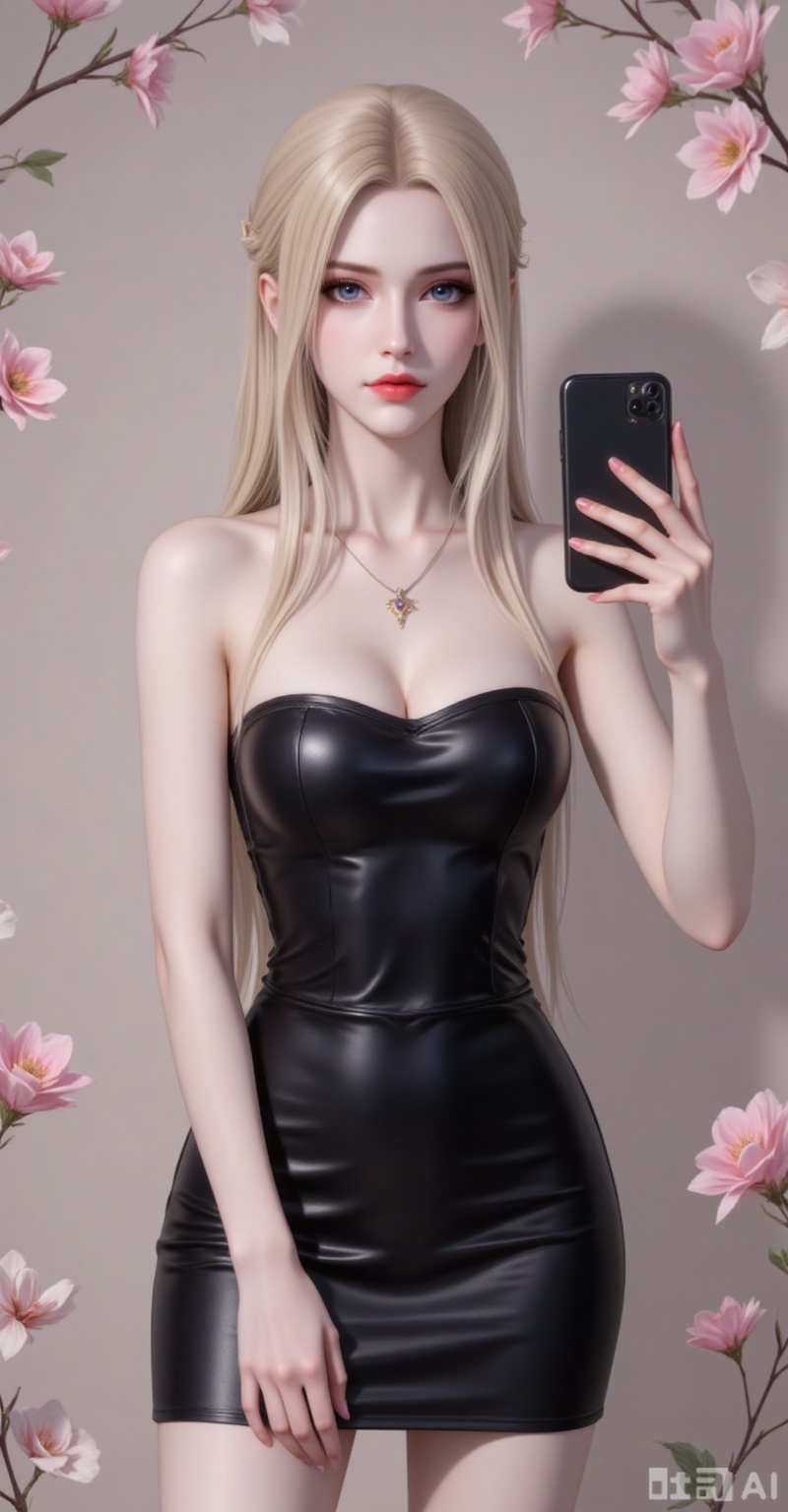 Best quality, masterpiece, 8k, 
 long hair, blonde hair,blue eyes,legs,long legs,flowers,
1girl,solo,dress,holding,bare shoulders,jewelry,medium breasts,necklace,black dress,strapless,phone,short dress,cellphone,strapless dress,smartphone,holding phone,selfie,pencil dress,
burry_background,simple background,
cover,gradient background,close-up details,outstanding style,adding a touch of dimension to your images without compromising details,close-up,(highres:1.2),colorful,
lvjing,guanghuapifu,pifu,biji,lifu,qianrenxue