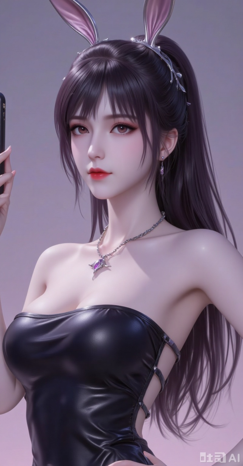 Best quality, masterpiece, 8k, 
xiaowu,animal ears,rabbit ears,hair ornament,ponytail,long hair,black hair,closed mouth,bangs,
1girl,solo,dress,holding,bare shoulders,jewelry,medium breasts,necklace,black dress,strapless,phone,short dress,cellphone,strapless dress,smartphone,holding phone,selfie,pencil dress,
burry_background,simple background,
cover,gradient background,close-up details,outstanding style,adding a touch of dimension to your images without compromising details,close-up,(highres:1.2),colorful,
lvjing,guanghuapifu,pifu,biji,lifu,qianrenxue