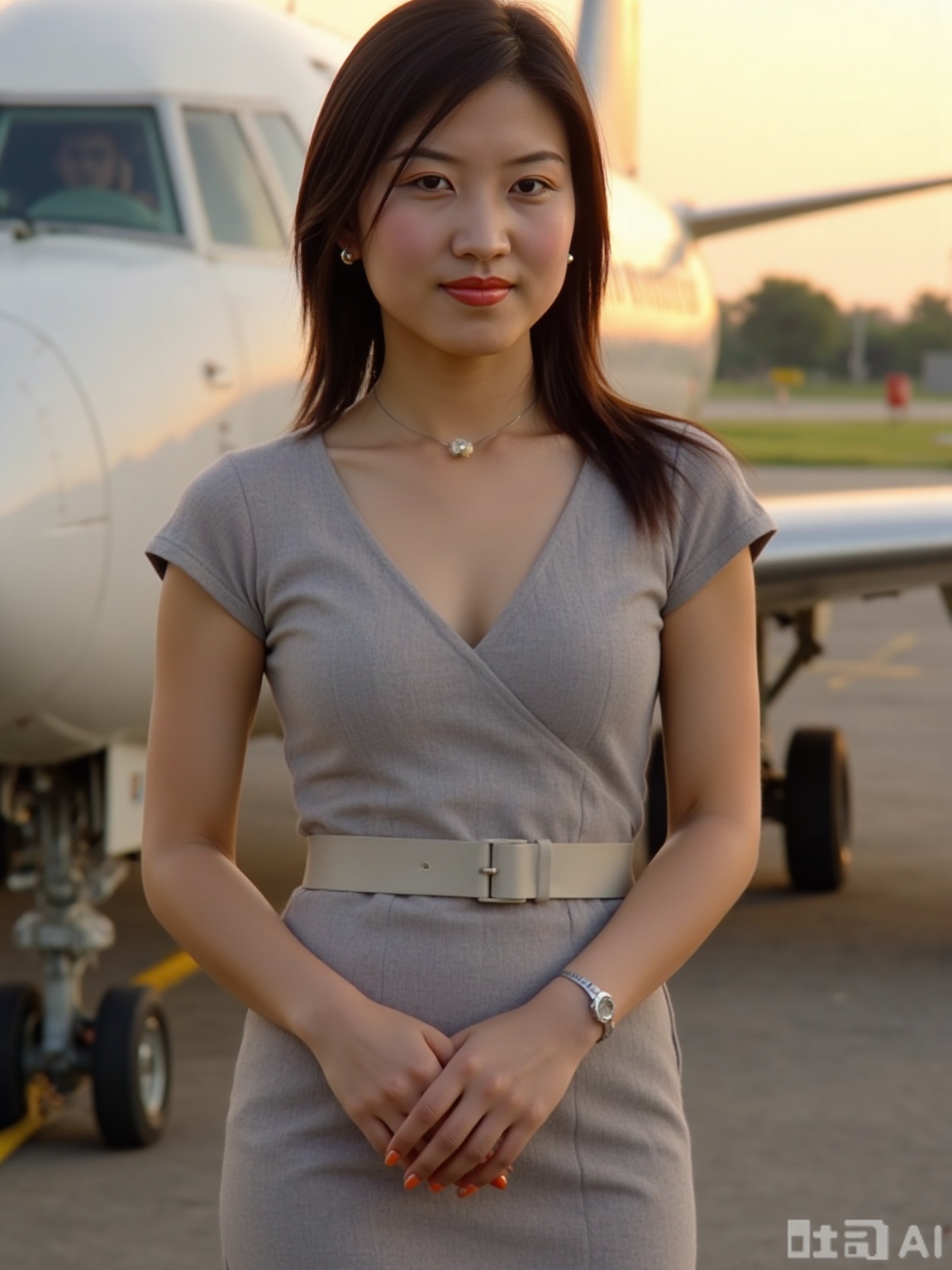 In 8K HD shot, a 26-year-old flight attendant stood next to the gangway of the plane, in a light gray uniform (short-sleeved V-neck design, with a wide belt tied to the same color at the waist), the cleavage was slanted by the golden light of the sunset, the belt was tightened to make the top tightly against the chest, the groove line was in a natural curve with the body standing posture, the light formed a bright belt on the fabric, and the shadow on the groove deepened by the backlight. She smiled and said goodbye to the passenger, folded her hands in front of her abdomen, and let the sunset outline the silhouette of the shoulders and neck to the chest line, and the arms exposed by the short sleeves of the uniform were tight. The background is the airplane fuselage and the orange-red sky. The backlight makes the hair edges look gold-edged, and the belt metal buckles echo the highlights between the grooves, which are full of vitality and professional style.
