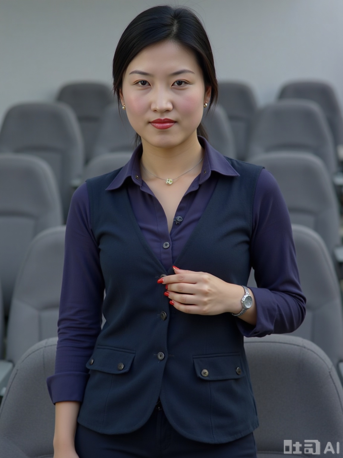 In 8K HD shot, a 35-year-old senior stewardess demonstrated safety actions in the simulation cabin. He was wearing a navy blue uniform (a vest on the V-neck shirt and a scarf on the shirt collar). The cleavage was evenly illuminated by the cold white light of the simulation cabin. The crisp cut of the vest contrasts with the softness of the shirt. The groove lines are clear but not ostentatious under the light and shadow. The curve of the scarf hanging on the side of the groove softens the lines. She demonstrated wearing an oxygen mask, lifting her left arm makes the neckline slightly open, her eyes are sharp and commanding, and her right hand movements are standard and powerful. The background is the gray seats of the simulation cabin. The cold light makes the uniform color more stable. The reflection of the shirt buttons and the shadows between the grooves form a light and dark rhythm, and the professional aura hides mature charm.​